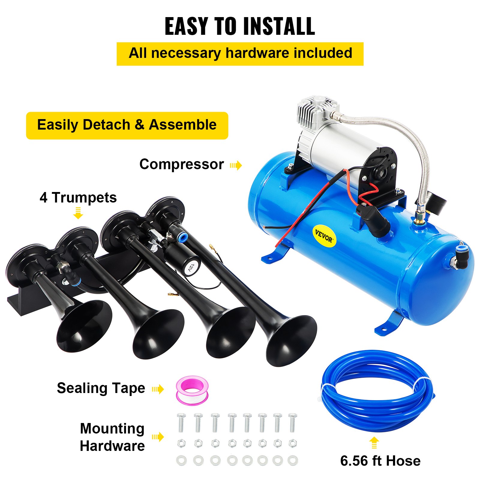 Bull Horn 4 Trumpet Train Horn Kit With 150 PSI Air Compressor For Car Truck Train 150DB E Train Horn For Truck - Foto 4