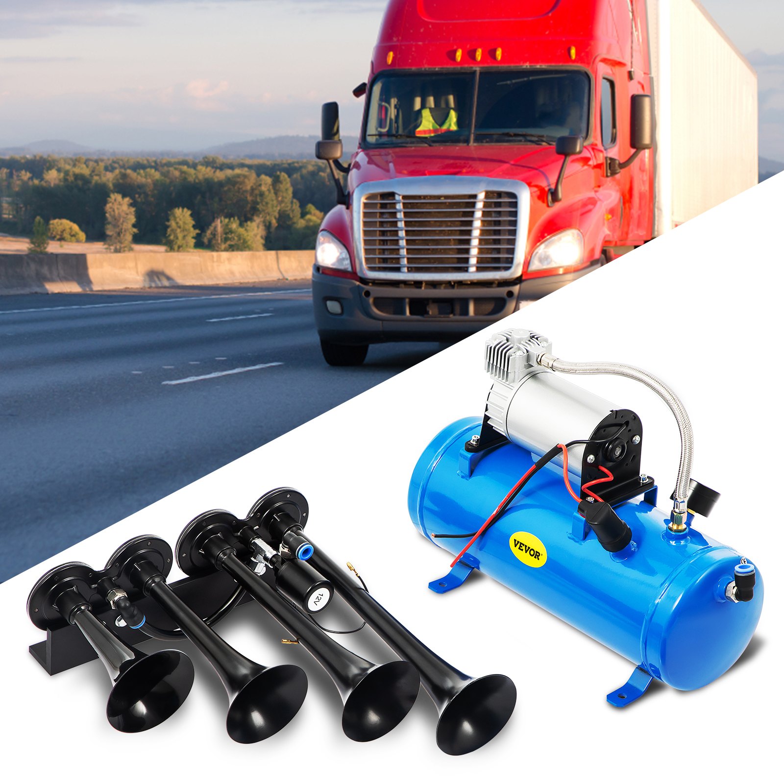 VEVOR Air Horn Truck Train Horns Kit 12 Volt with 6L Air Compressor 4