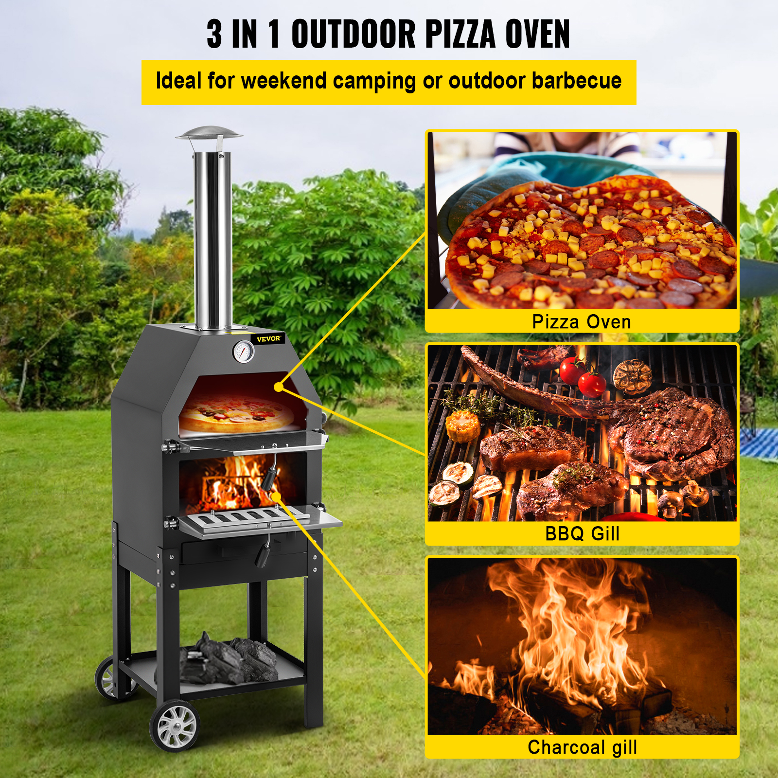 VEVOR Outdoor Pizza Oven 12'' Charcoal Wood Burning Cooker Fire Baking