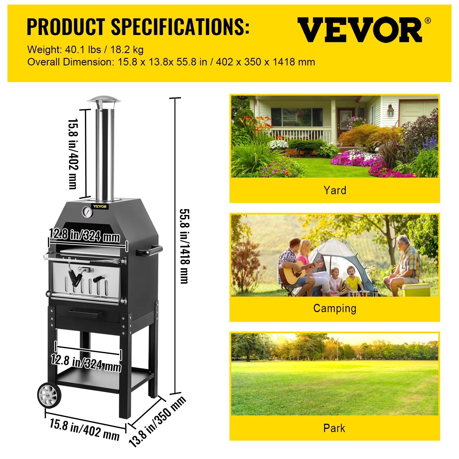 VEVOR Outdoor Pizza Oven 12'' Charcoal Wood Burning Cooker Fire Baking