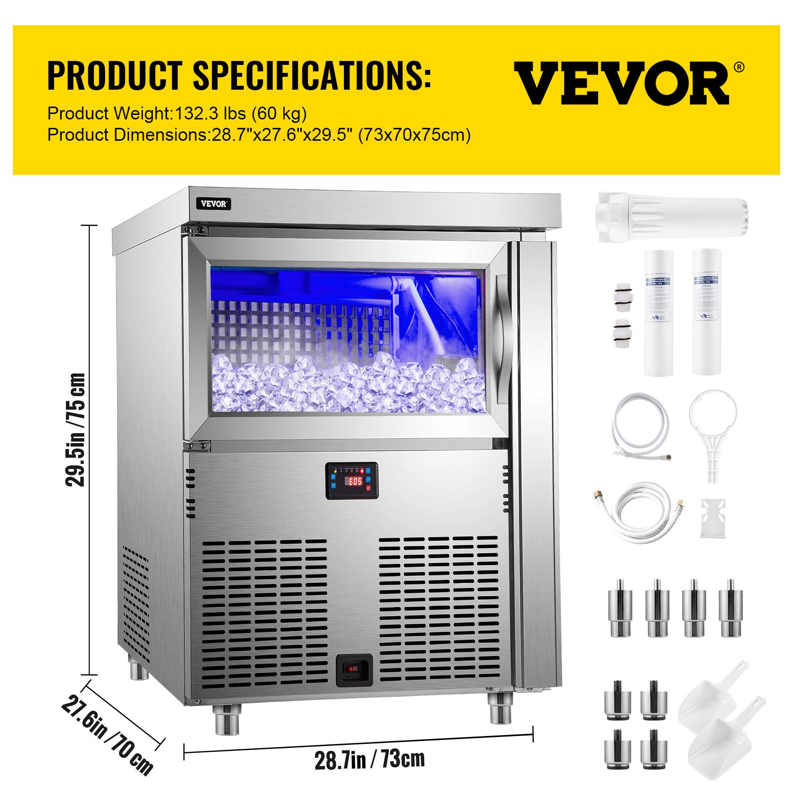 VEVOR 110V Commercial Ice Maker 200LBS/24H, Stainless Steel Under ...