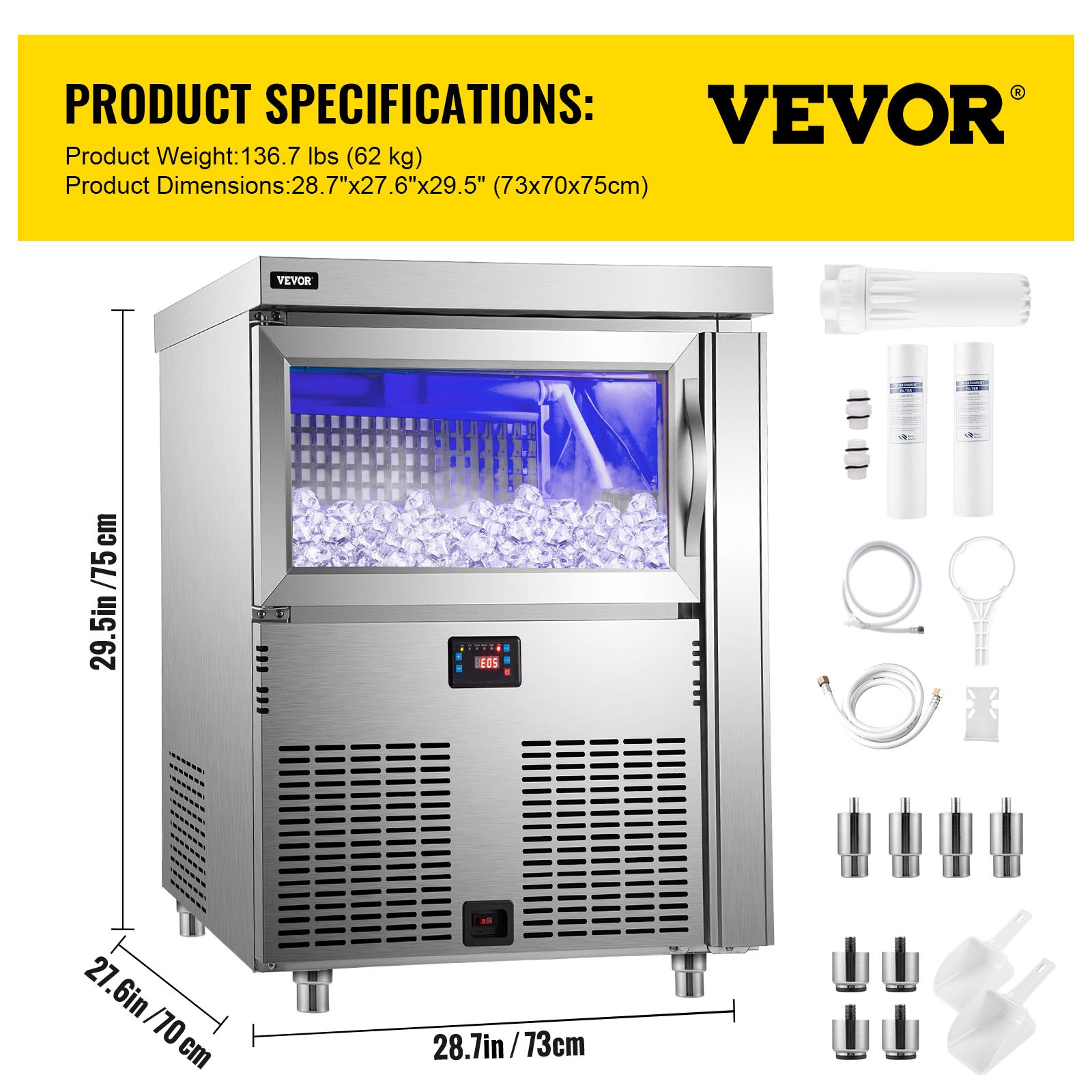 VEVOR 110V Commercial Ice Maker 300LBS/24H, Stainless Steel Under