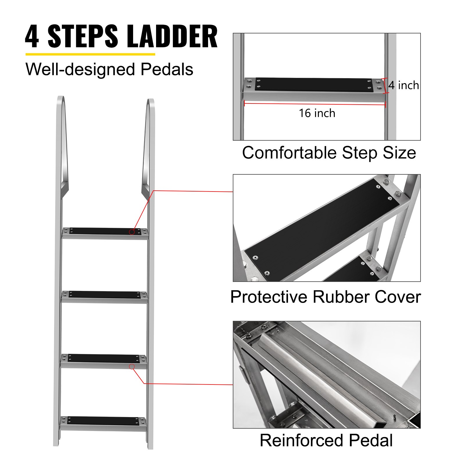 VEVOR Removable Dock Ladder with Rubber Mat, Pontoon Boat Ladder with ...