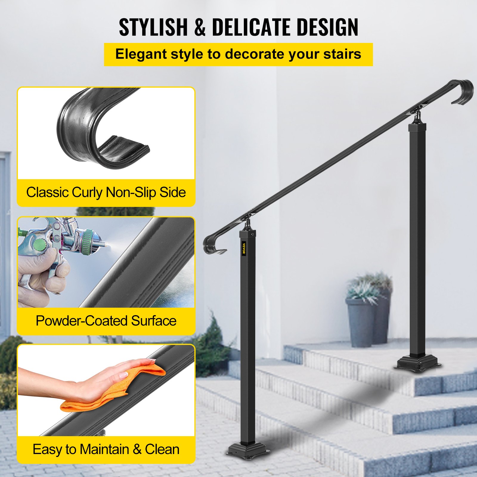 Vevor Wrought Iron Handrail Stair Railing Fit 2 Or 3 Stepsadjustable ...