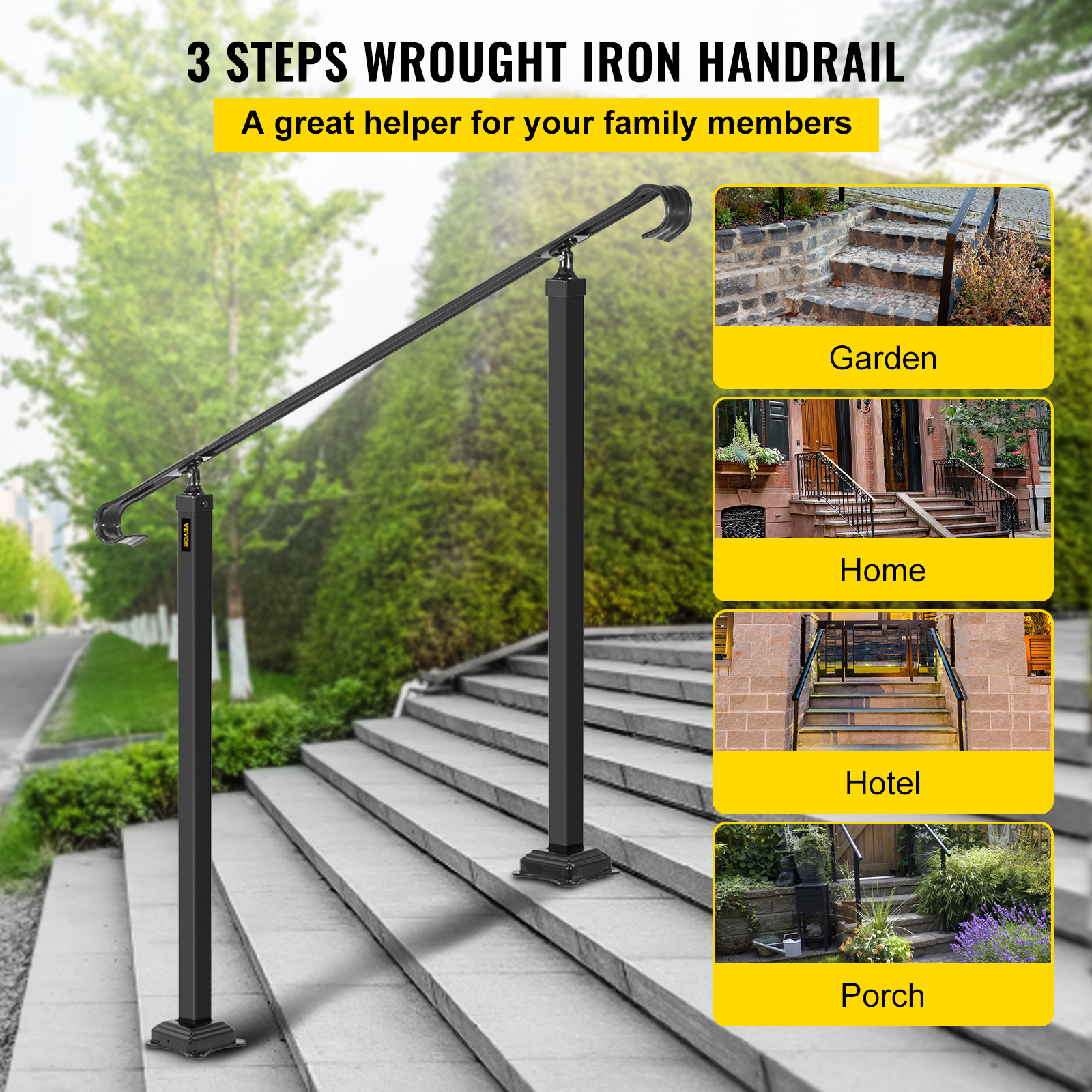 Vevor Wrought Iron Handrail Stair Railing Fit 2 Or 3 Stepsadjustable ...