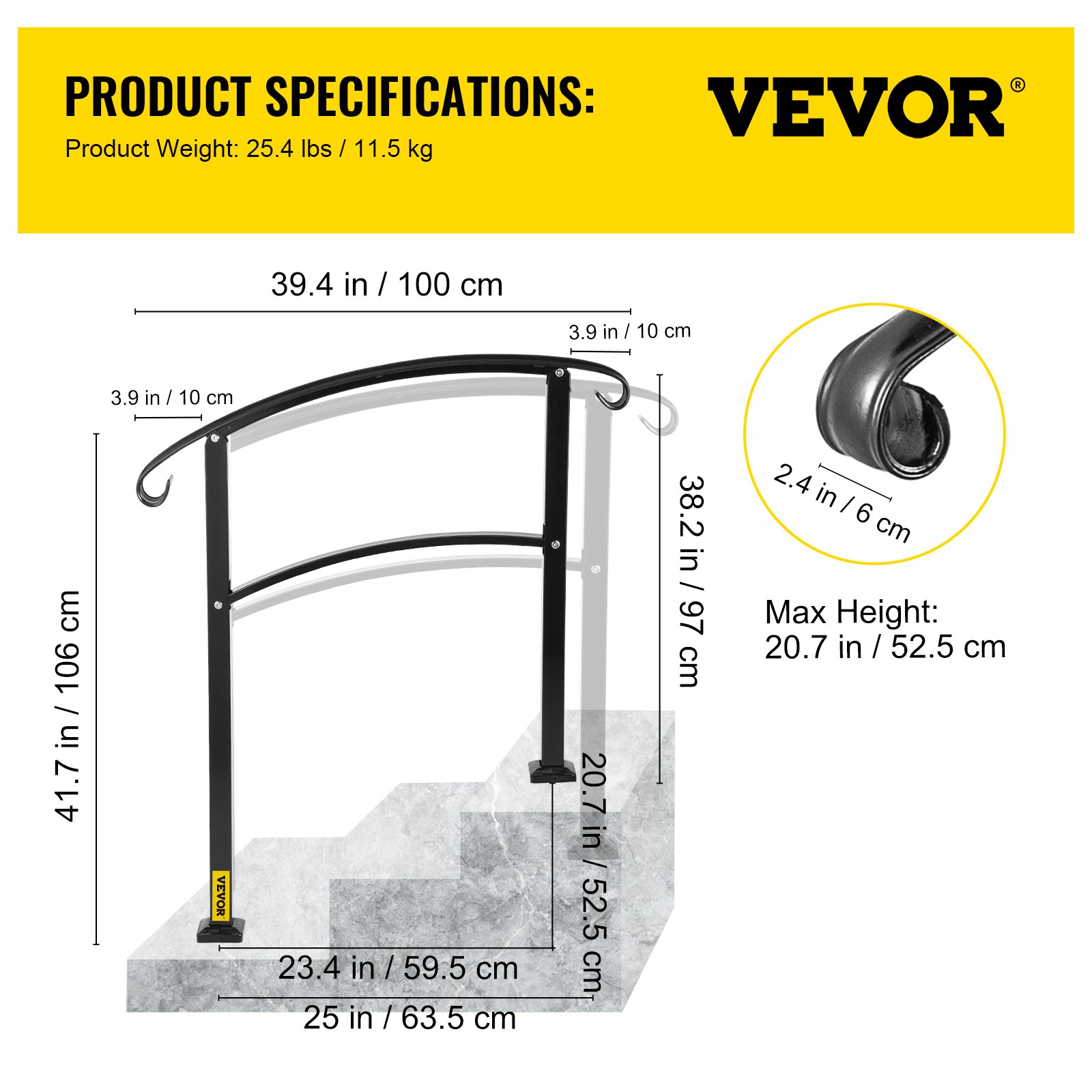 Transitional Handrail Fits 3 Steps Matte Black | VEVOR US