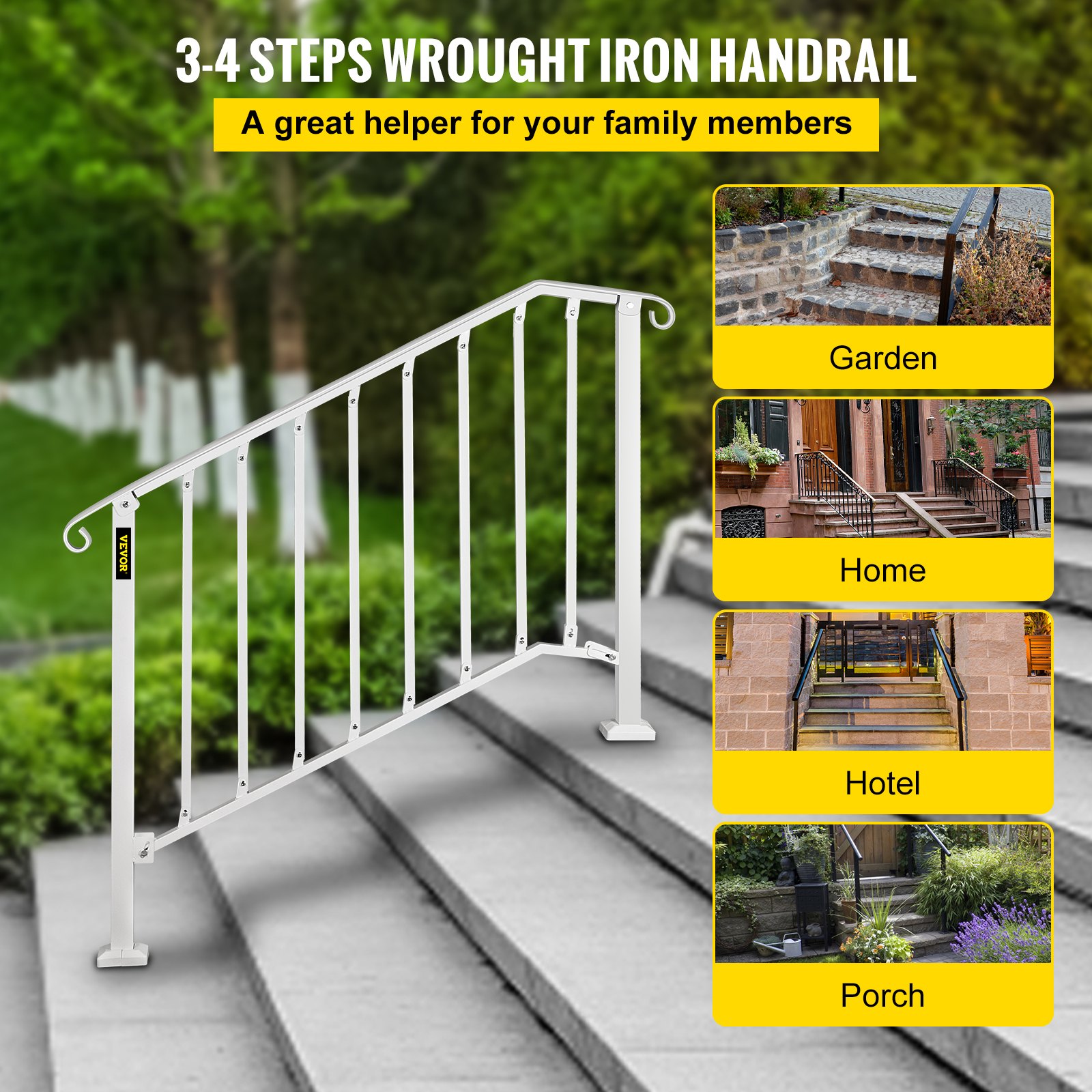 Wrought Iron Handrail Picket 3 Fits 3 Or 4 Steps Outdoor Steps Matte White VEVOR US