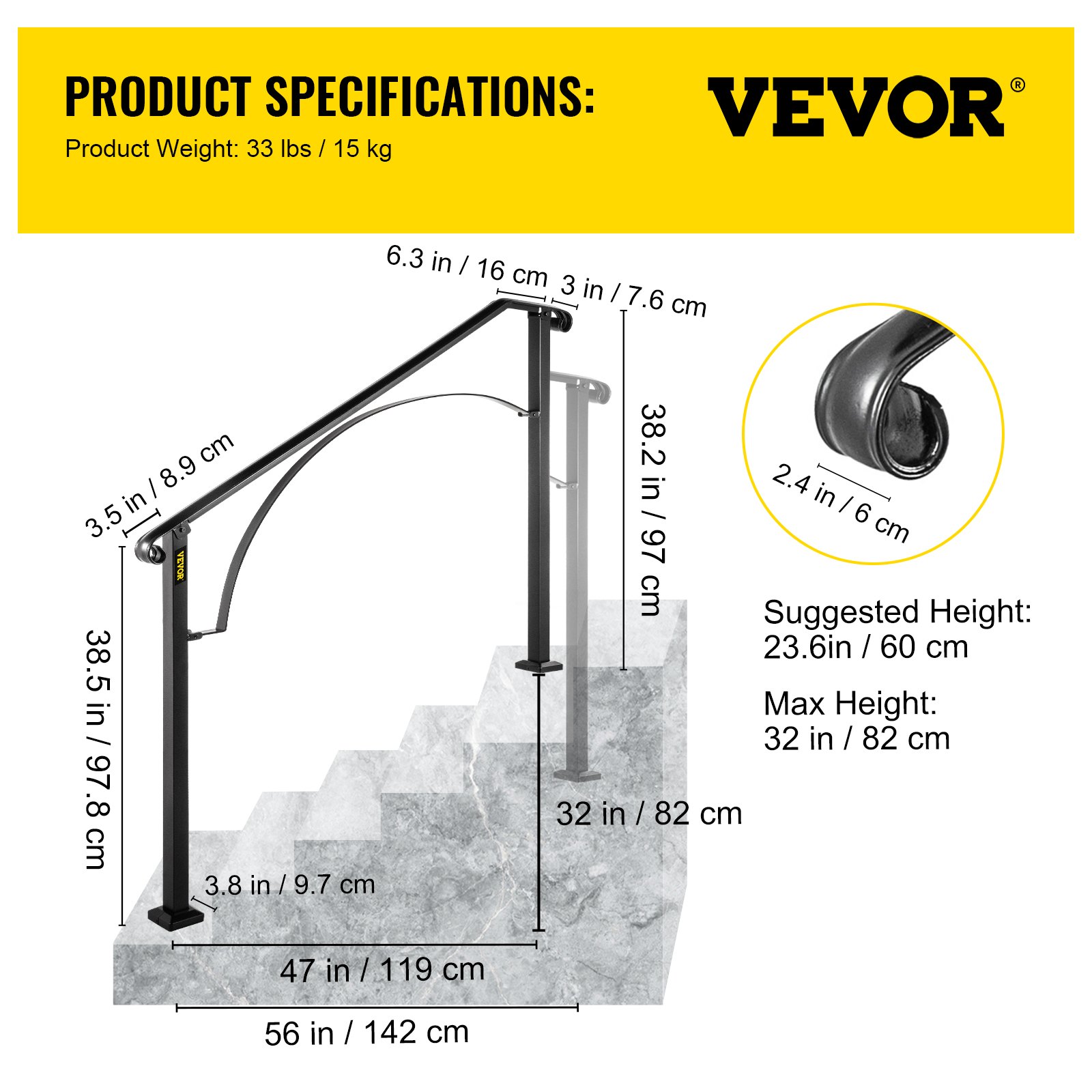 Vevor Handrails For Outdoor Steps, Fit 4 Or 5 Steps Outdoor Stair 