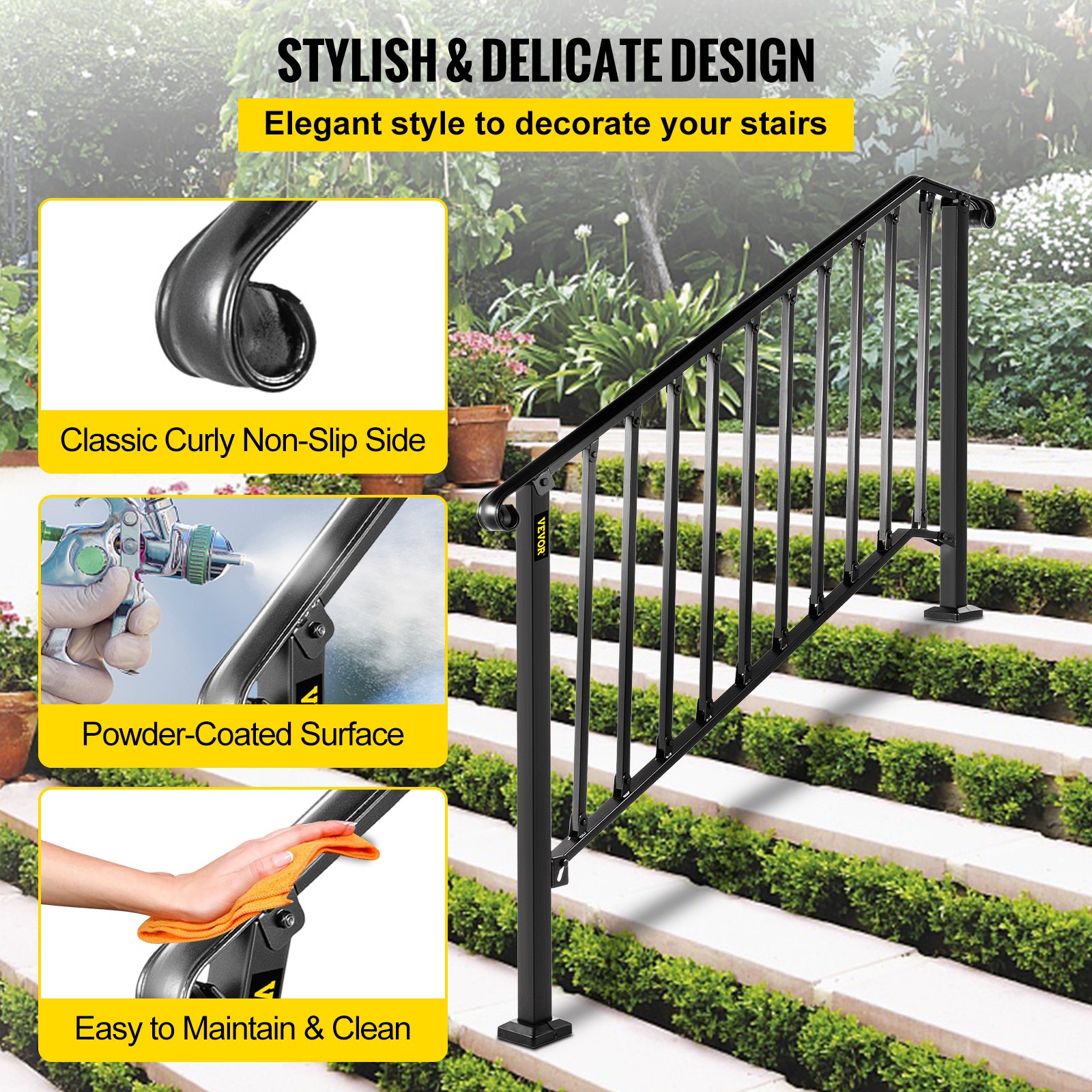 Iron Handrail Picket #4 Railing Rail Fits 4 Steps Pavers Black 