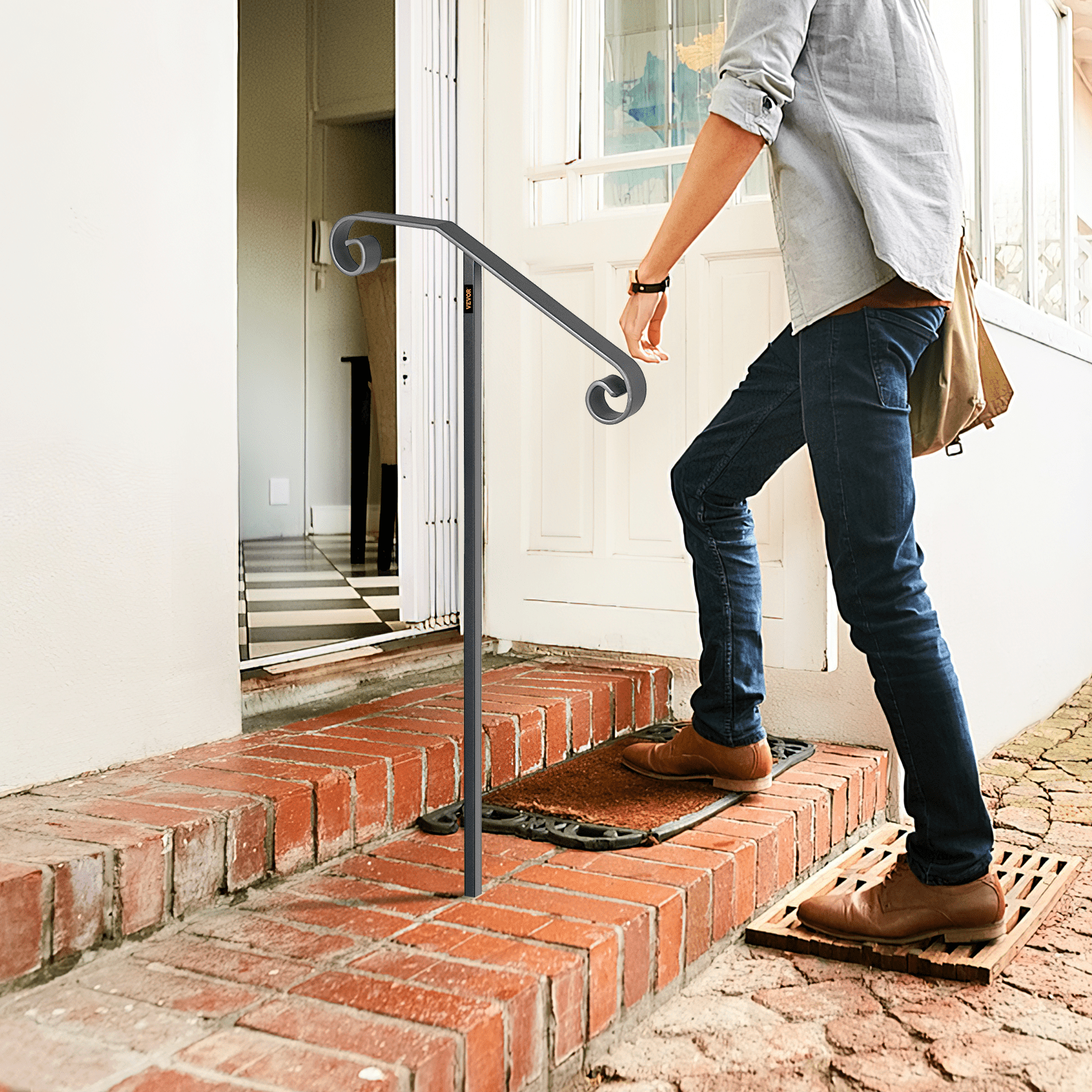 VEVOR Single Post Handrail Wrought Iron Post Mount Step Grab Supports ...