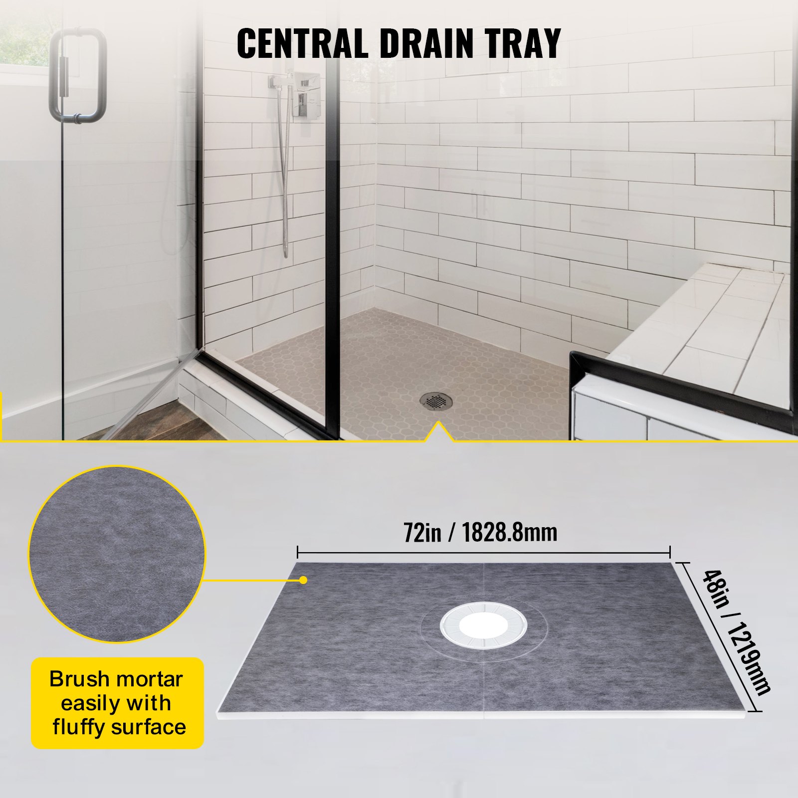 Vevor 48''x72'' Shower Kit With Shower Tray & Curb With Central Drain Kit Pvc VEVOR CA