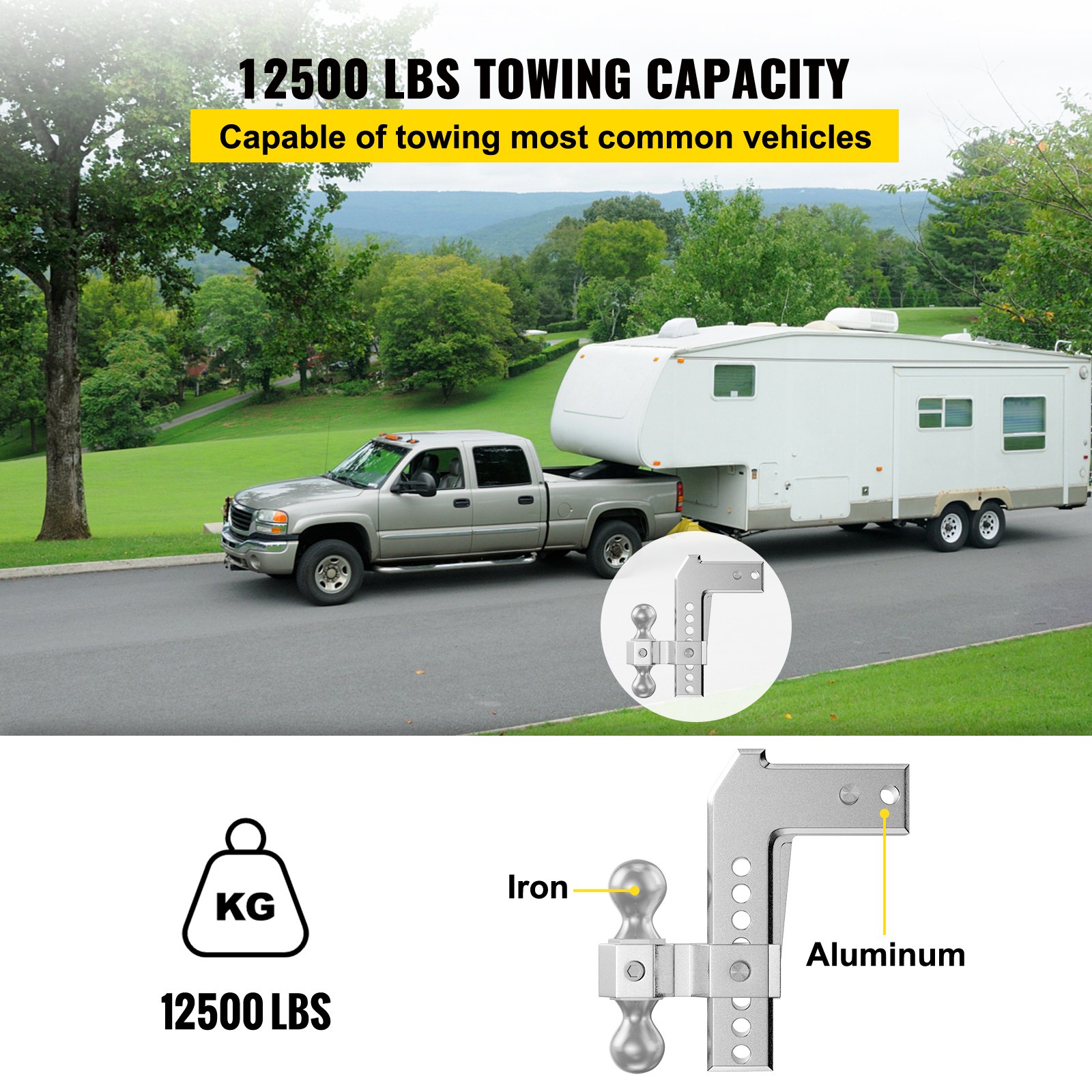 VEVOR Adjustable Trailer Hitch, Fits 2.5" Receiver, 8" Drop Ball Mount