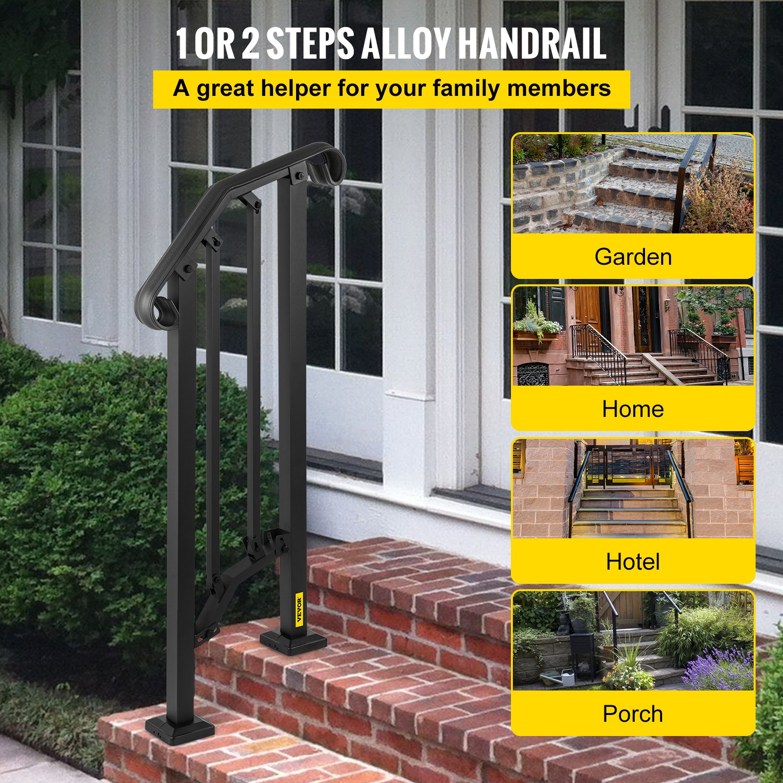 VEVOR Stair Railing Hand Rail Kit Fit 1 or 2 Steps Alloy Metal Step