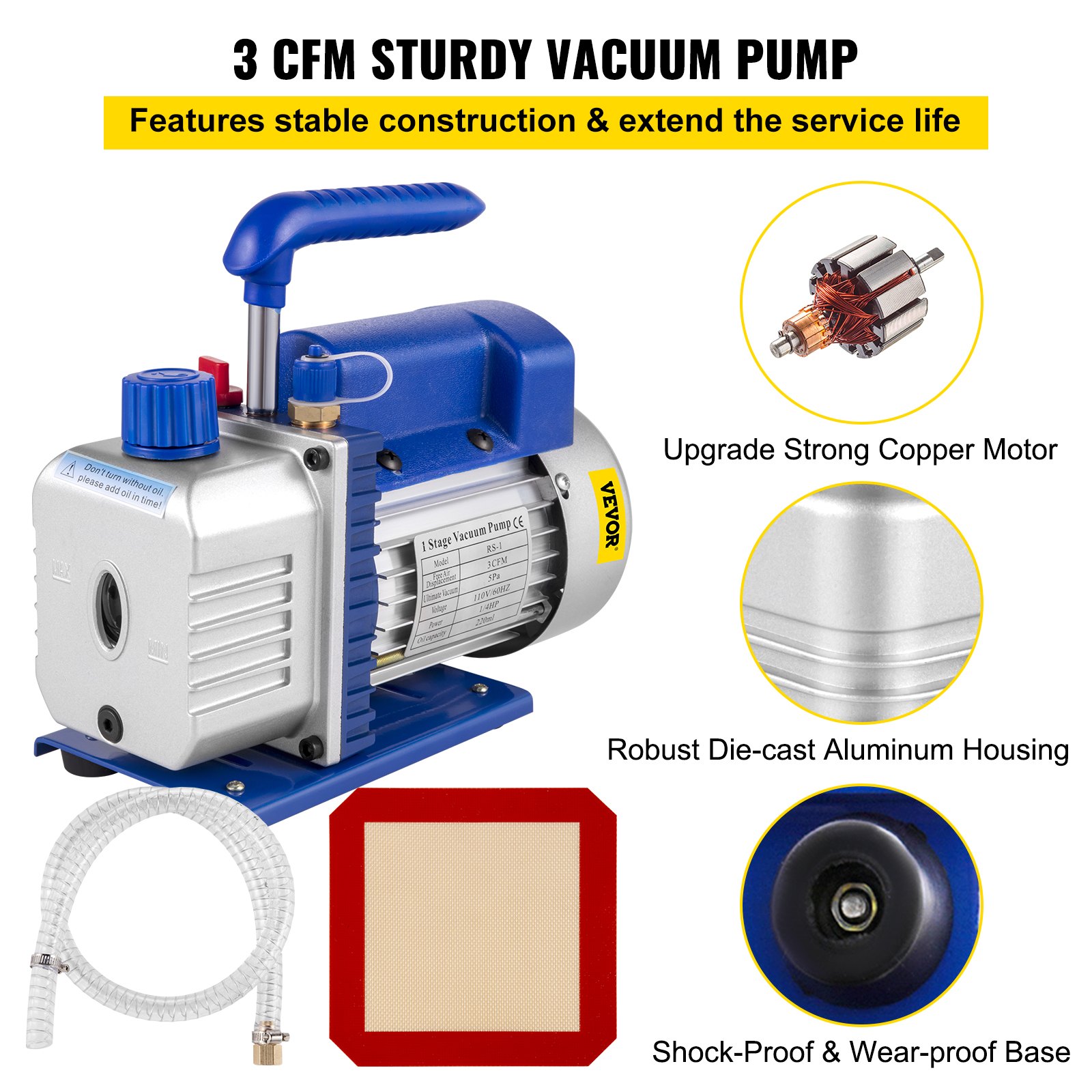 VEVOR Vacuum Chamber with Pump 3CFM 1/4HP Single Stage Vacuum Pump with