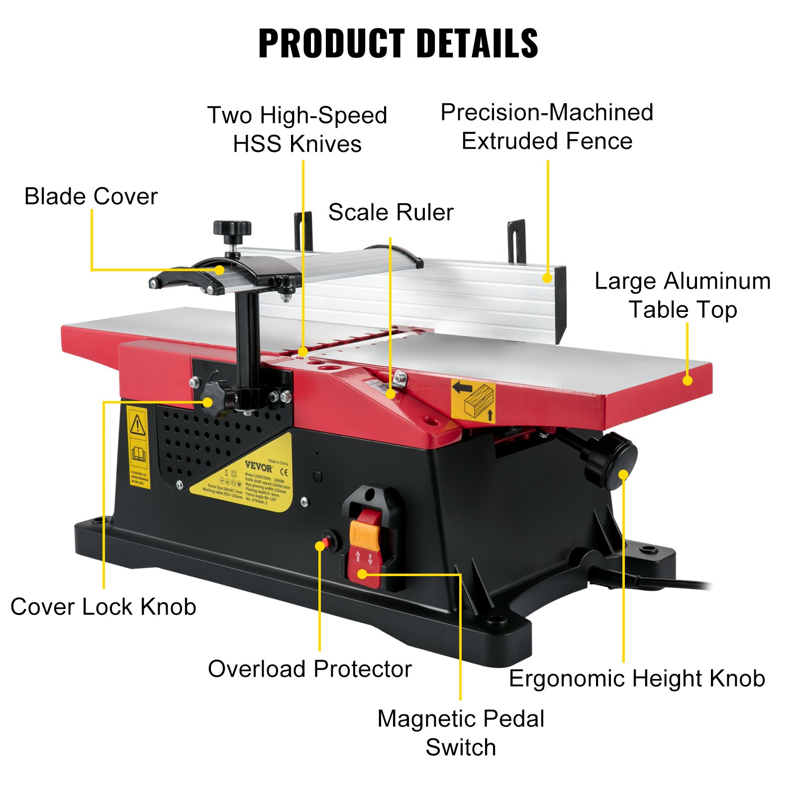 VEVOR Woodworking Benchtop Jointers 6inch with 1650W Motor,Heavy Duty