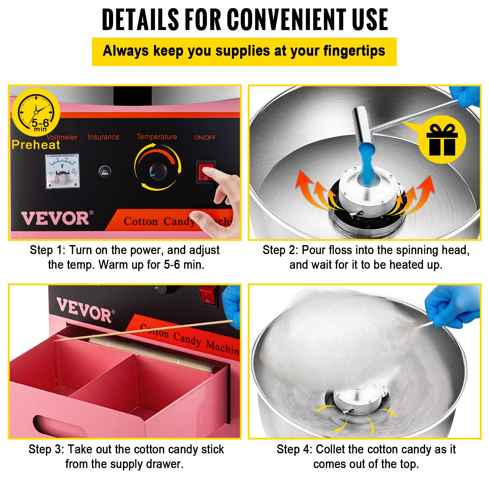 Commercial Cotton Candy Machine - 1030W Electric Floss Maker With Stainless Steel Bowl, Sugar Scoop & Fast Spinning Head