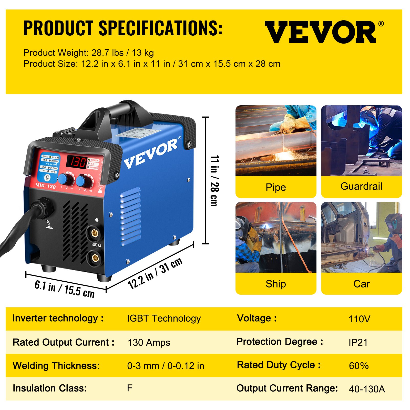 VEVOR MIG Welder Welding Machine 130A Flux Core 3 in 1 MMA/MIG/LIFT TIG