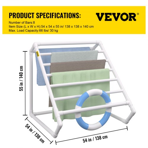 VEVOR Pool Towel Rack, 8 Bar, White, Freestanding Outdoor PVC