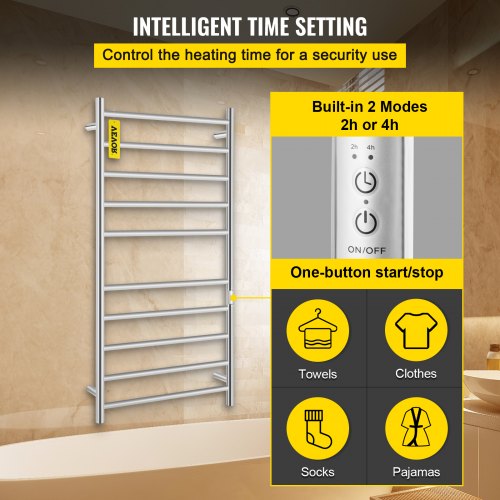 VEVOR Heated Towel Rack, 10Bar Towel Warmer Rack, Wall Mounted