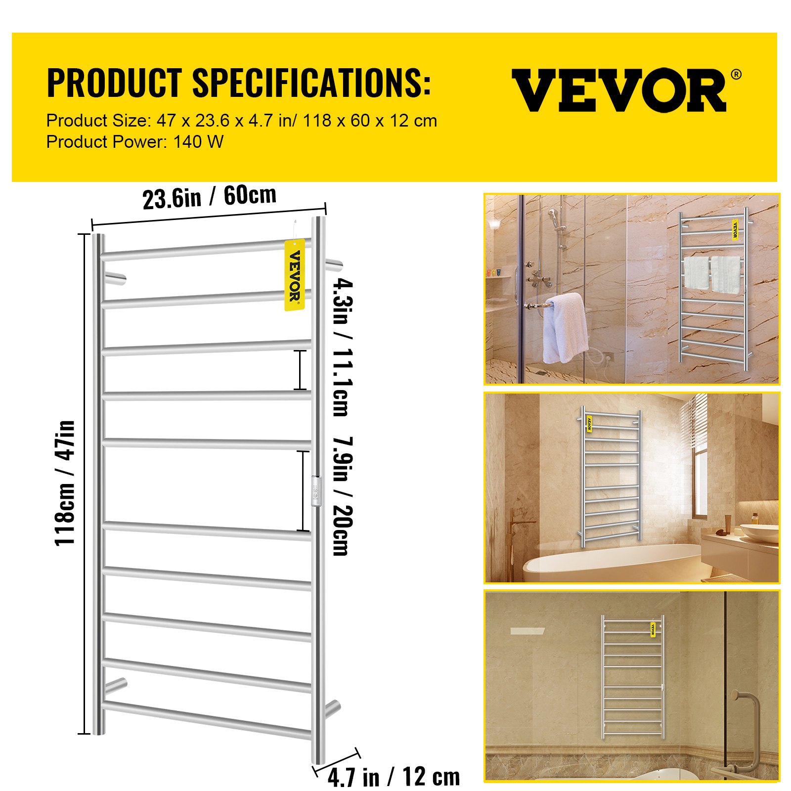 VEVOR Heated Towel Rack, 10Bar Towel Warmer Rack, Wall Mounted