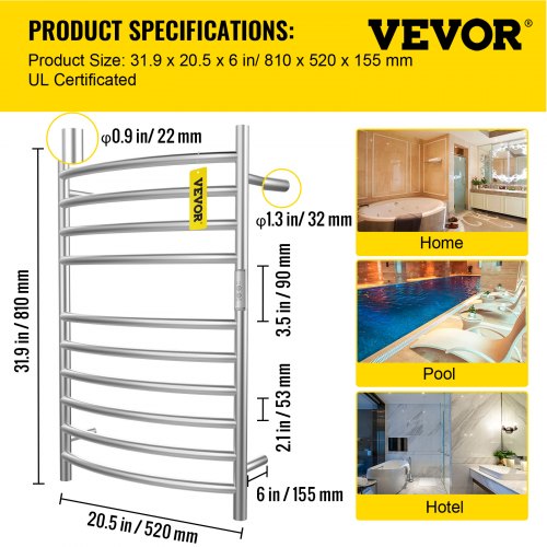 VEVOR Heated Towel Rack, 10Bar Curved Design, WallMounted Electric