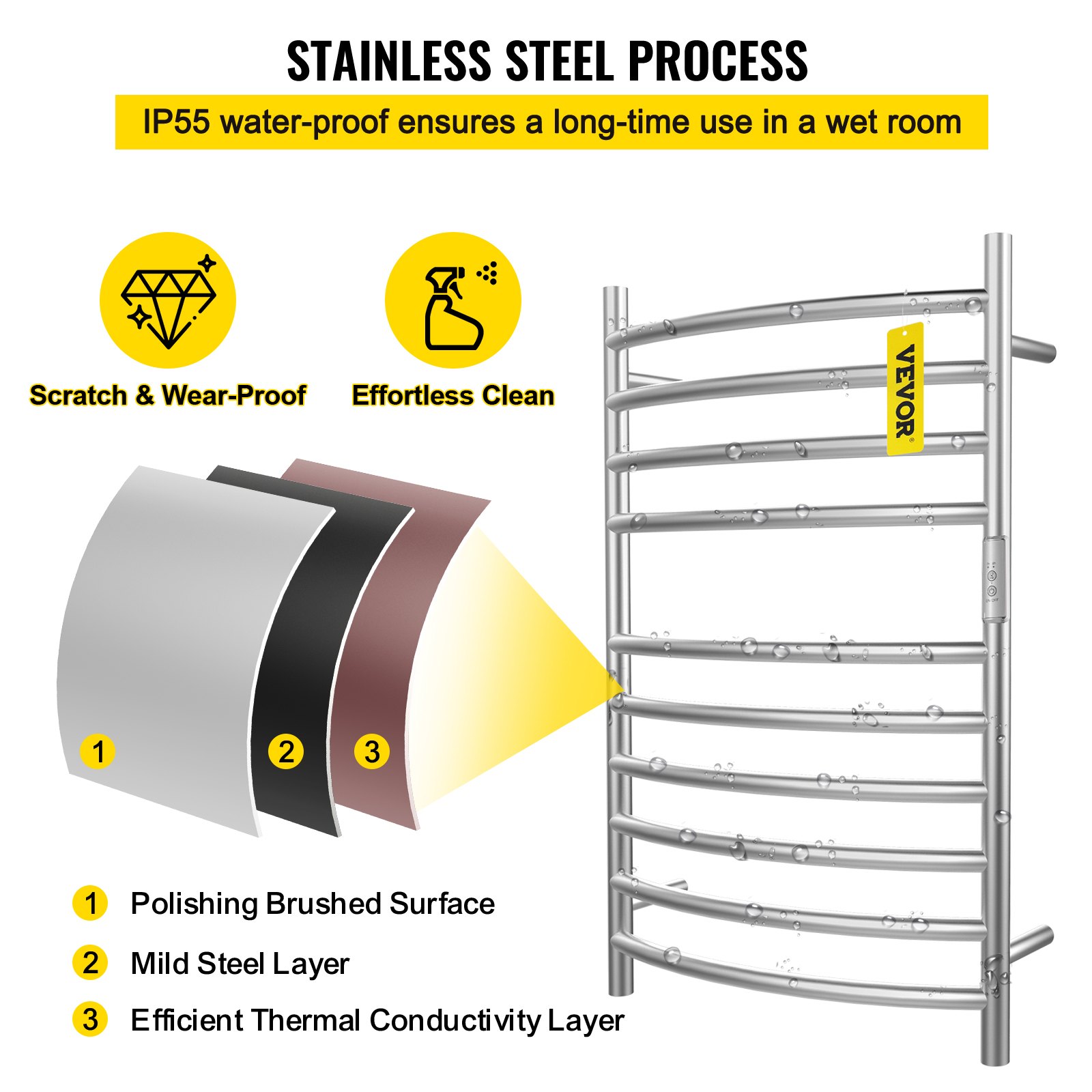 VEVOR Heated Towel Rack, 10Bar Curved Design, WallMounted Electric