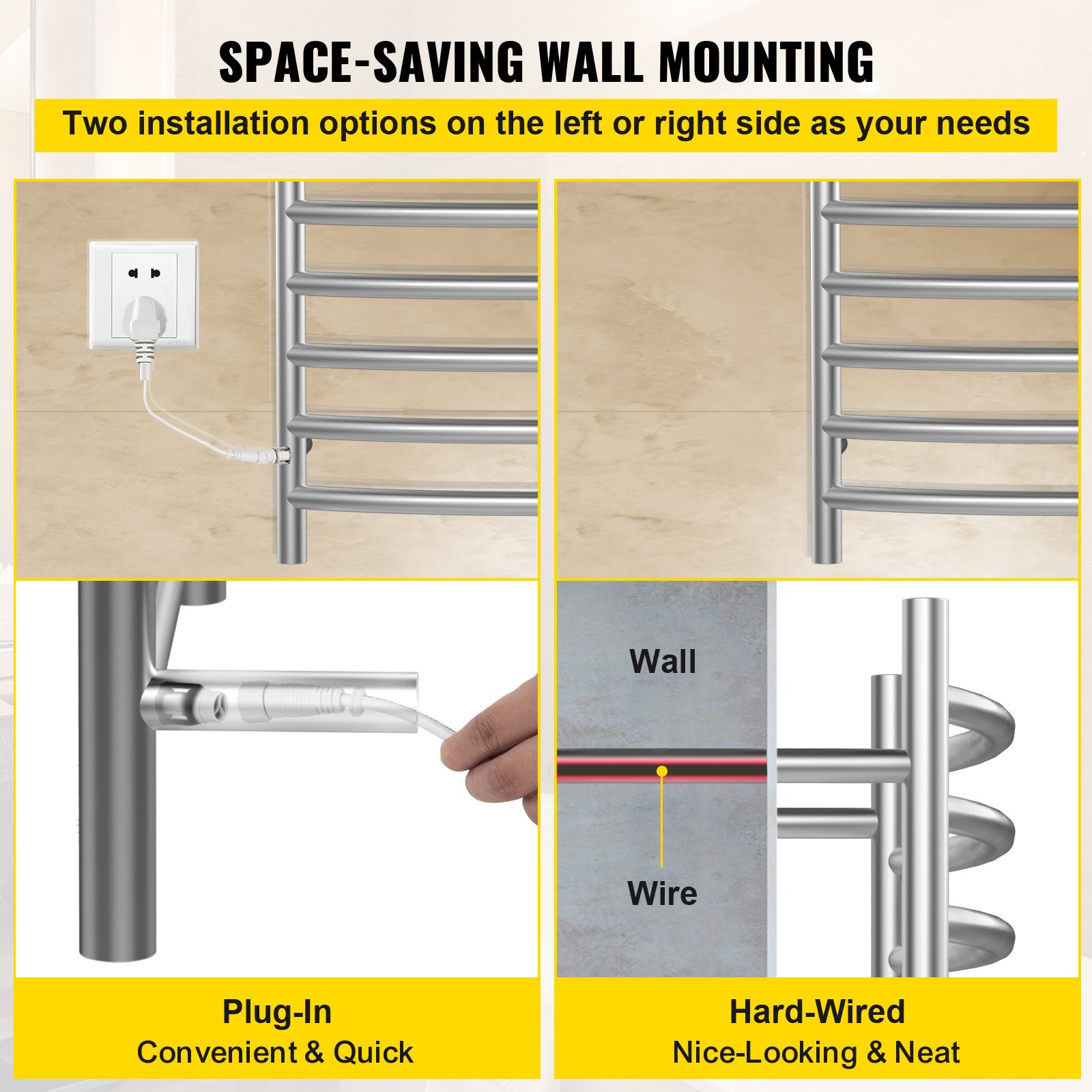 VEVOR Heated Towel Rack, 10Bar Curved Design, WallMounted Electric