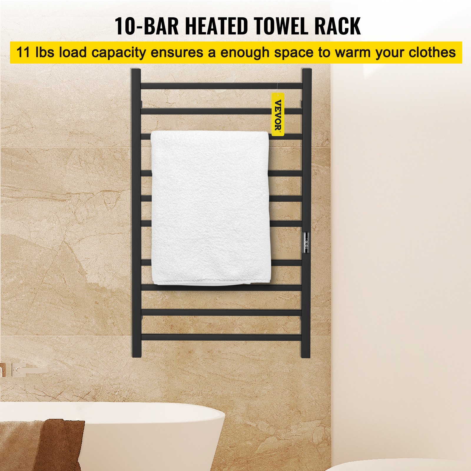 VEVOR Heated Towel Rack, 10 Bars Design, Powder Coated Stainless Steel