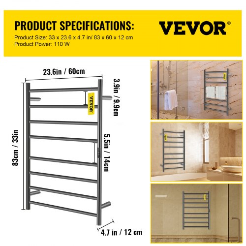 VEVOR Heated Towel Rack, 8Bar Towel Warmer Rack, Wall Mounted Electric