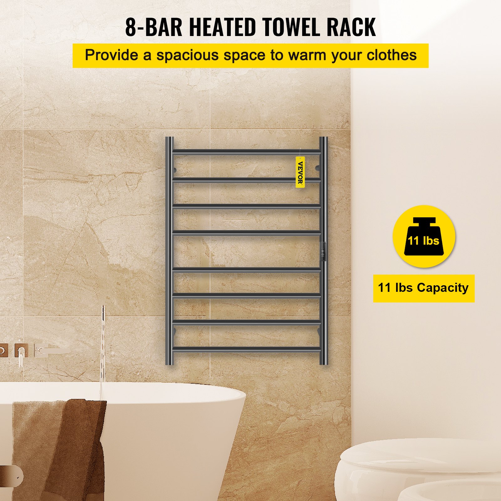 VEVOR Heated Towel Rack, 8-Bar Towel Warmer Rack, Wall Mounted Electric ...