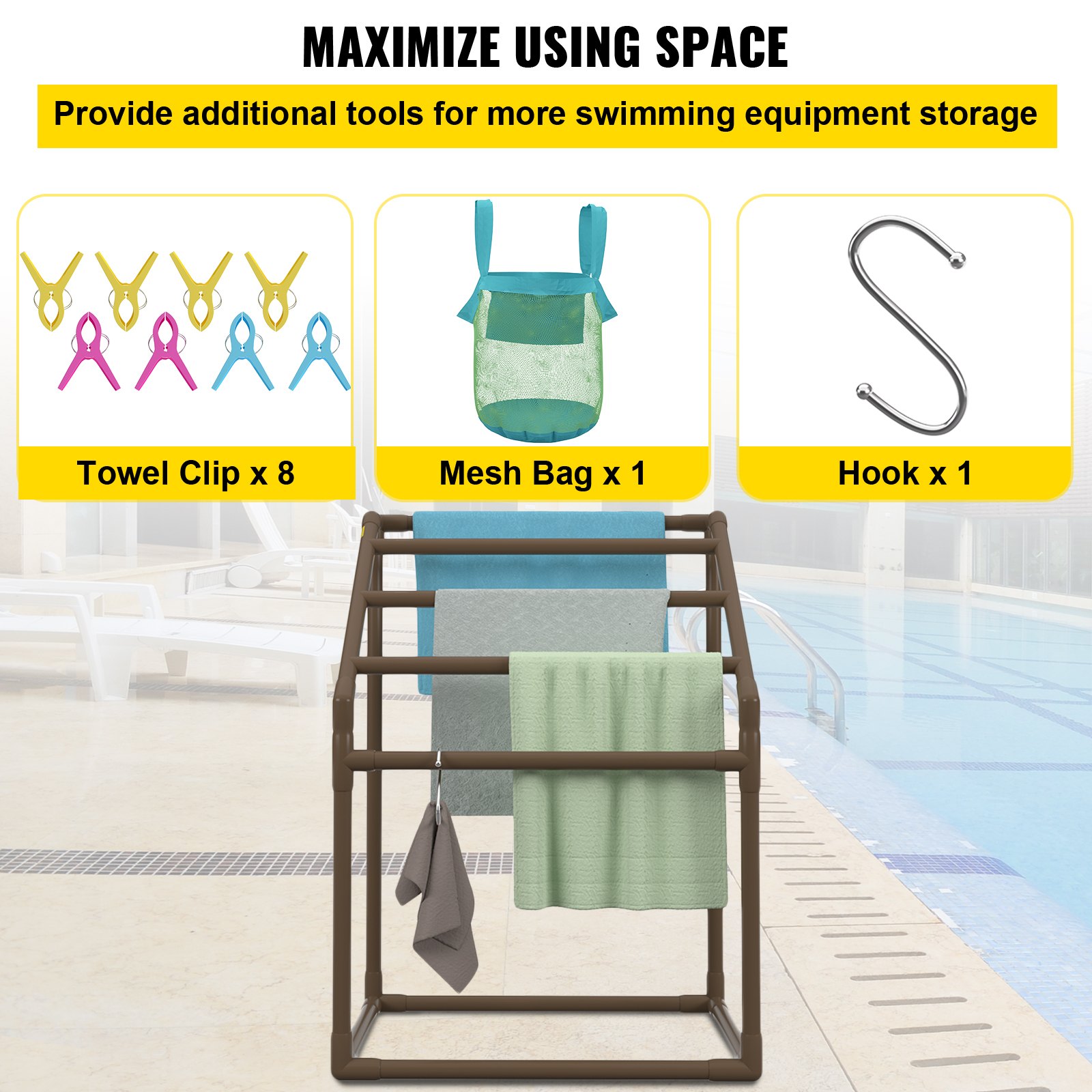 VEVOR Outdoor Towel Rack Pool Towel Rack 5 Bar Trapezoidal Brown