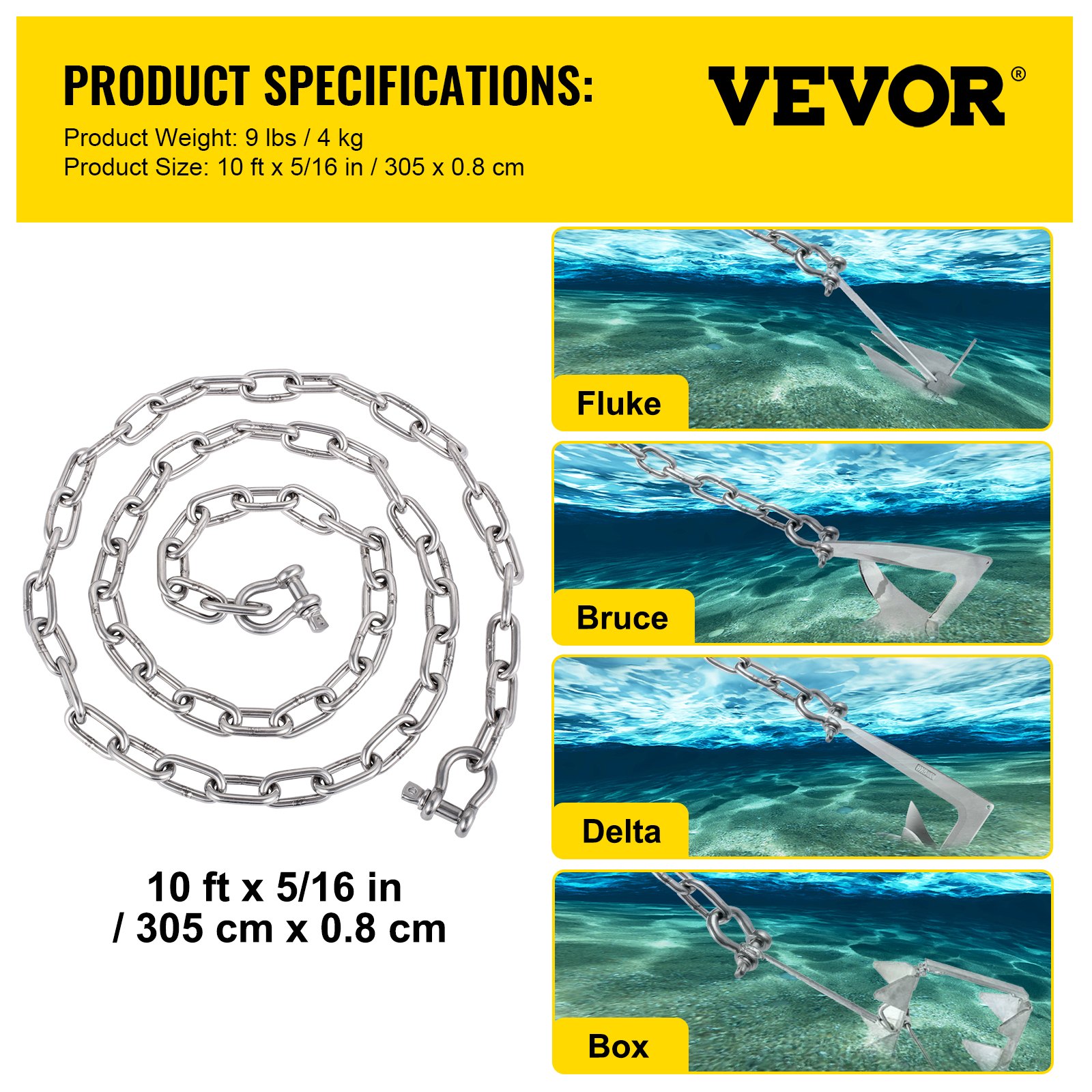 VEVOR Anchor Chain, 10 ft x 5/16 in 316 Stainless Steel Chain, 3/8