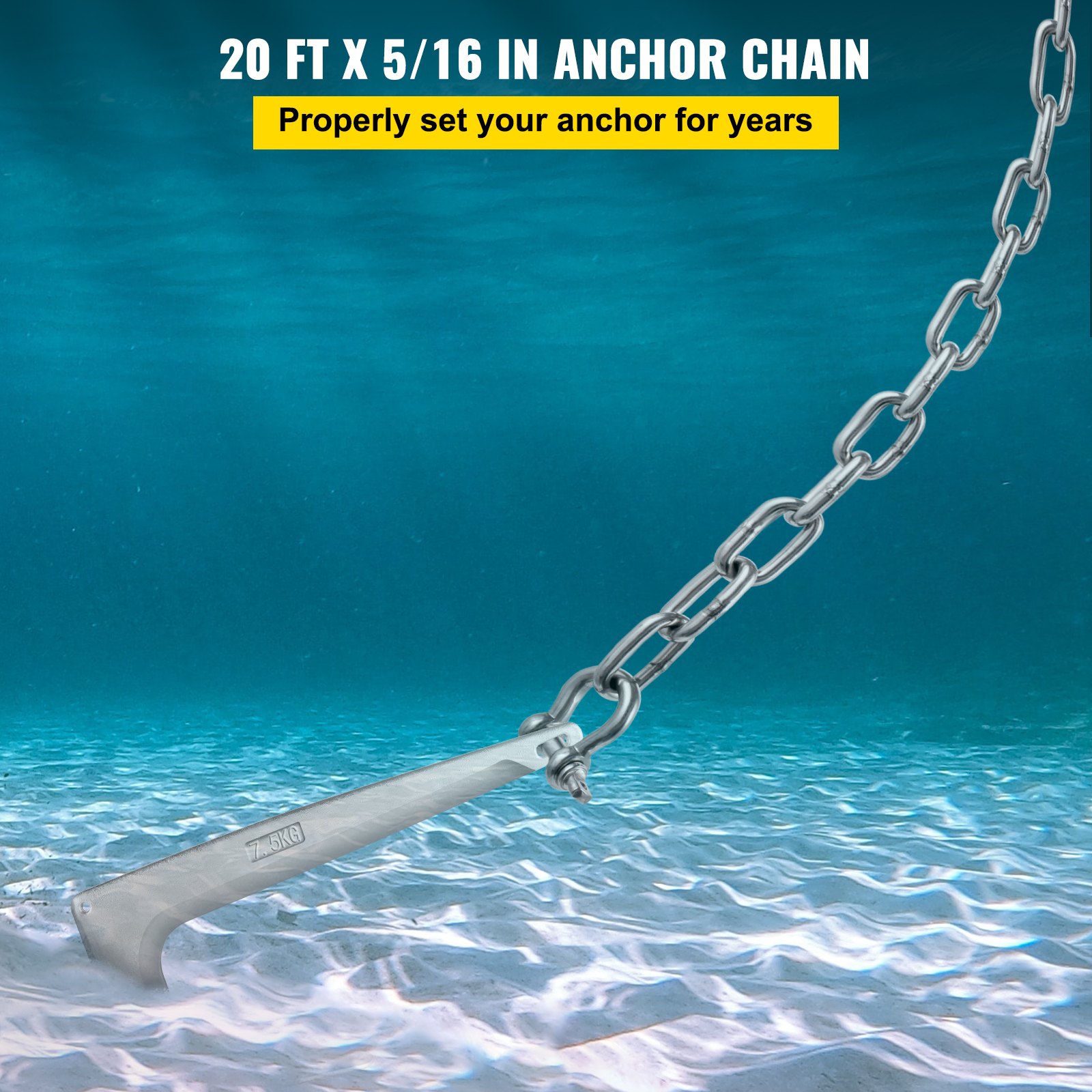 VEVOR Anchor Chain, 20' x 5/16" 316 Stainless Steel Chain, 3/8" Anchor