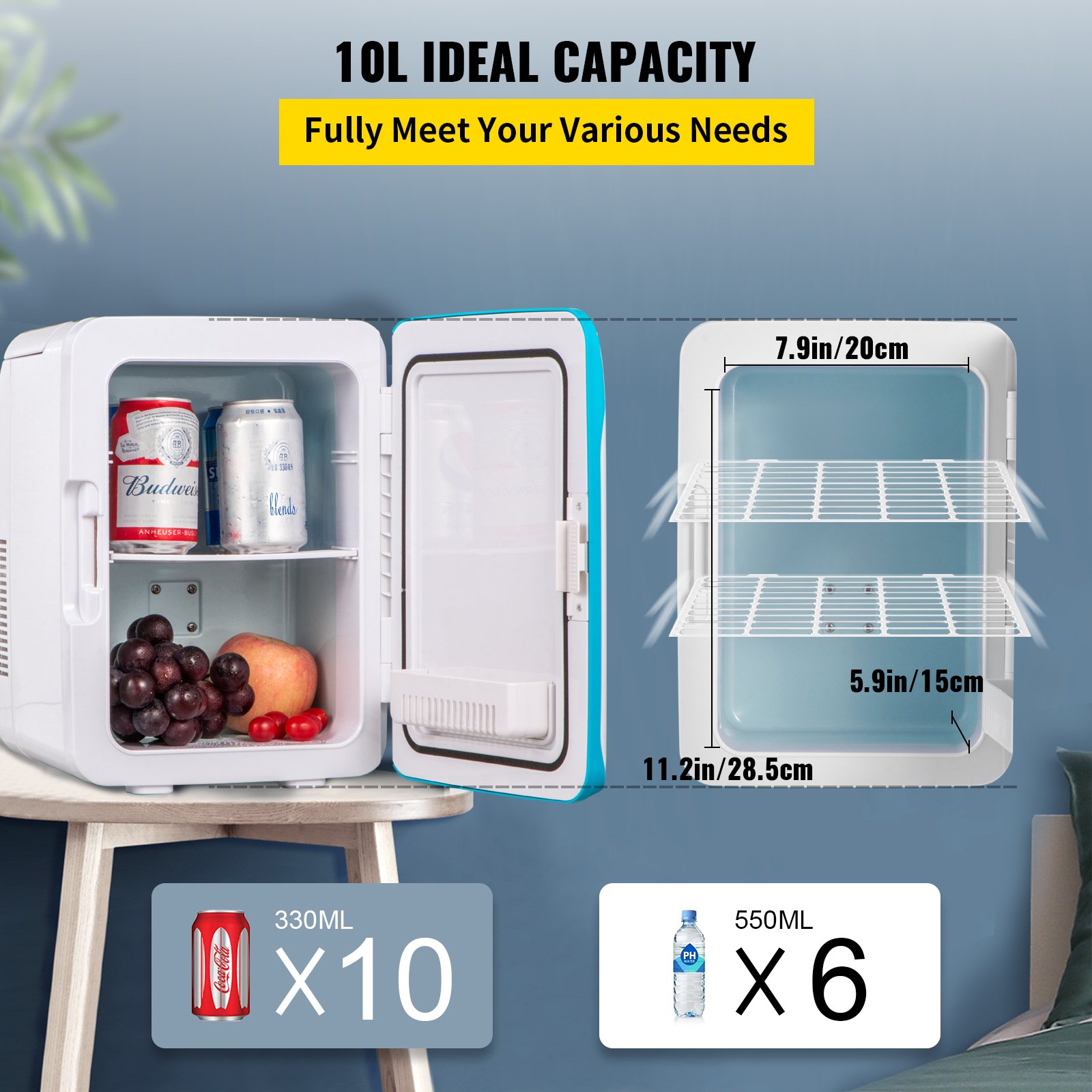 VEVOR Mini Fridge (3 Colors for Choice) 10 Liter/12 Can AC/DC Portable ...