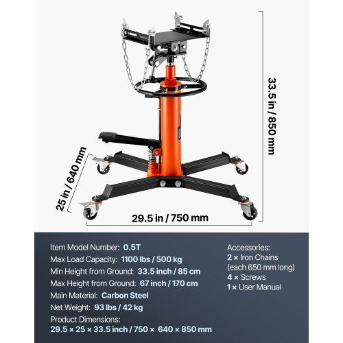 VEVOR Transmission Jack,1/2Ton/1100lbs Capacity Hydraulic Telescopic