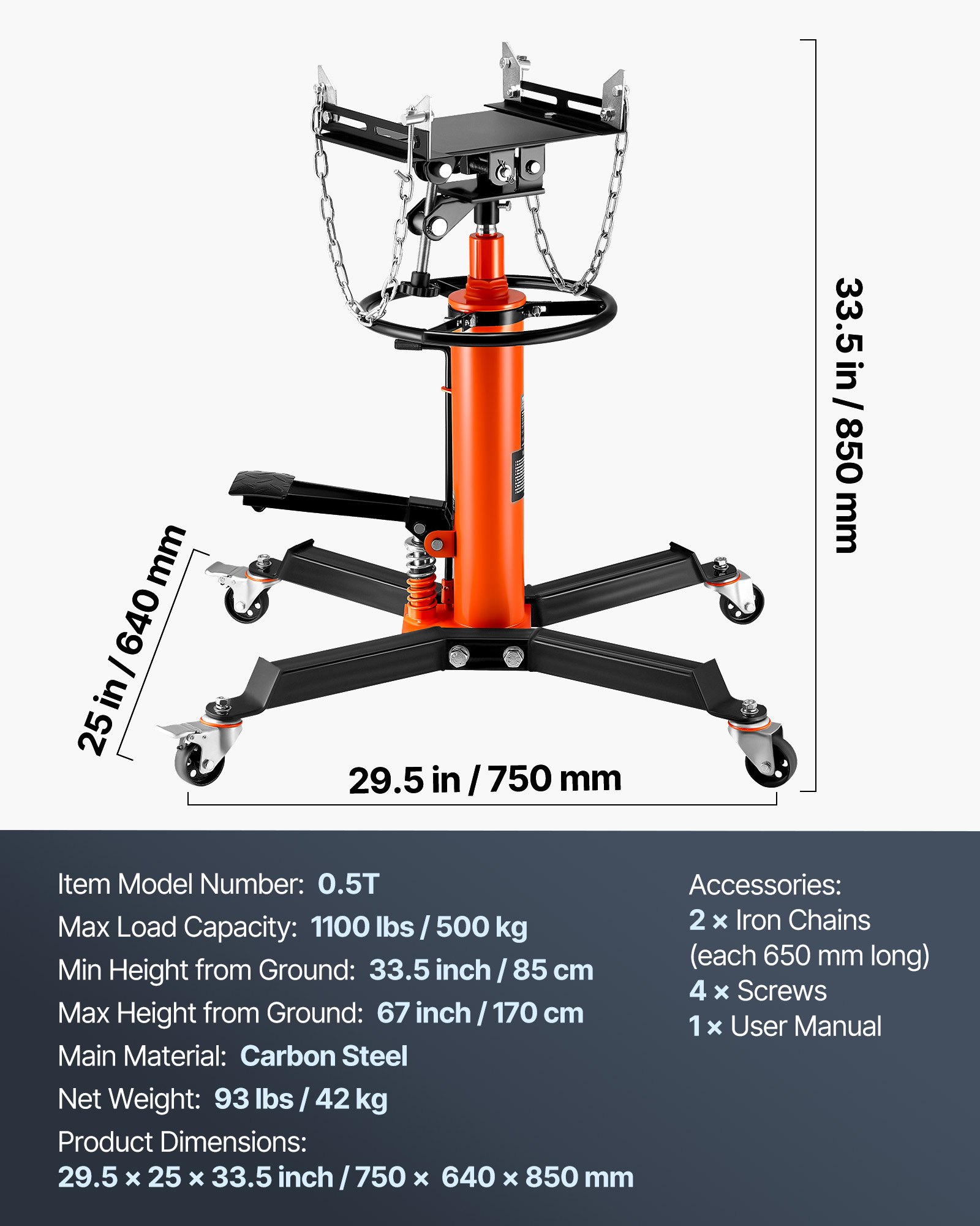 VEVOR 1/2-Ton 1,100 lb 2-Stage Telescopic Transmission Jack