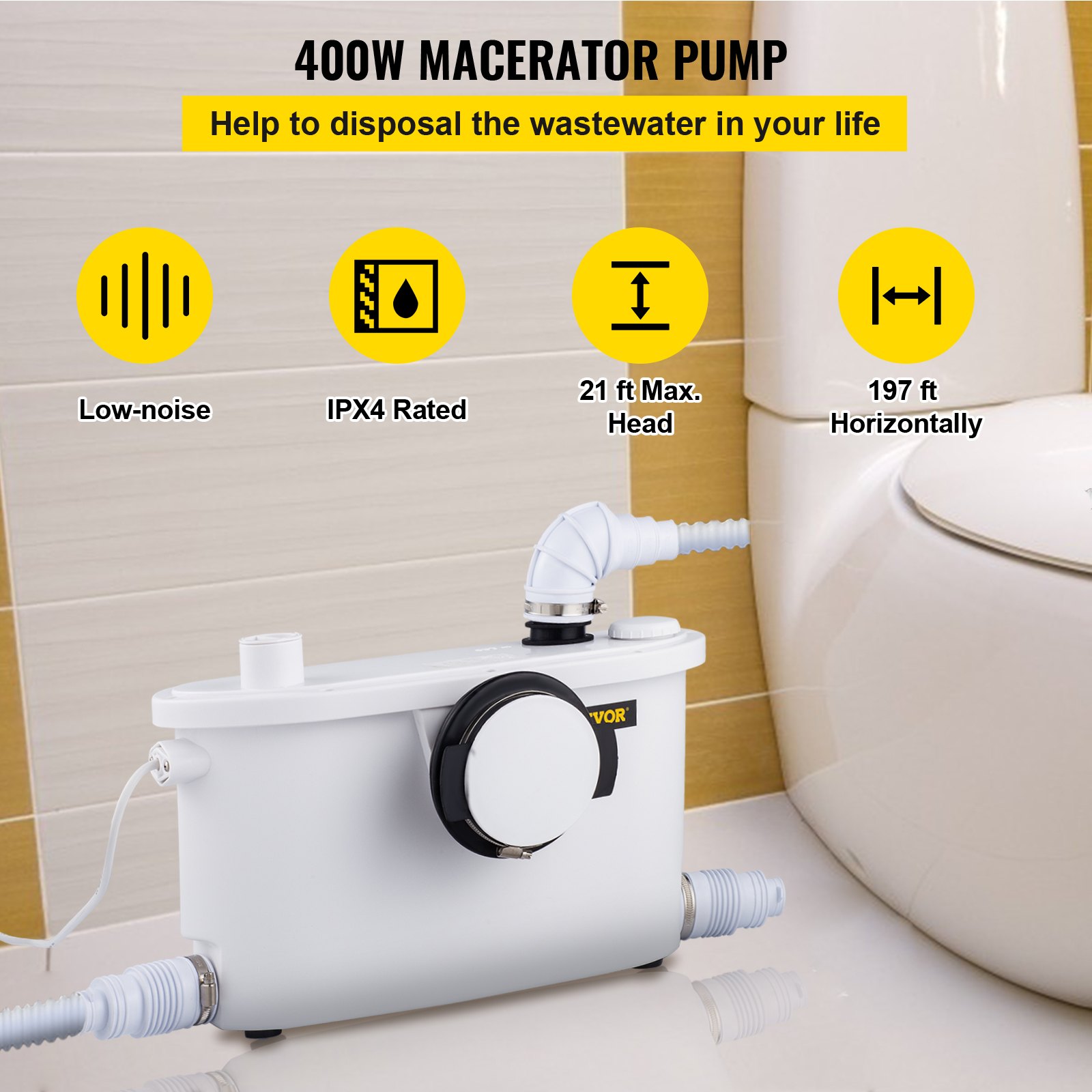 VEVOR Macerator Pump 400W, 4 Inlets for Basement, Kitchen, Toilet, Sink