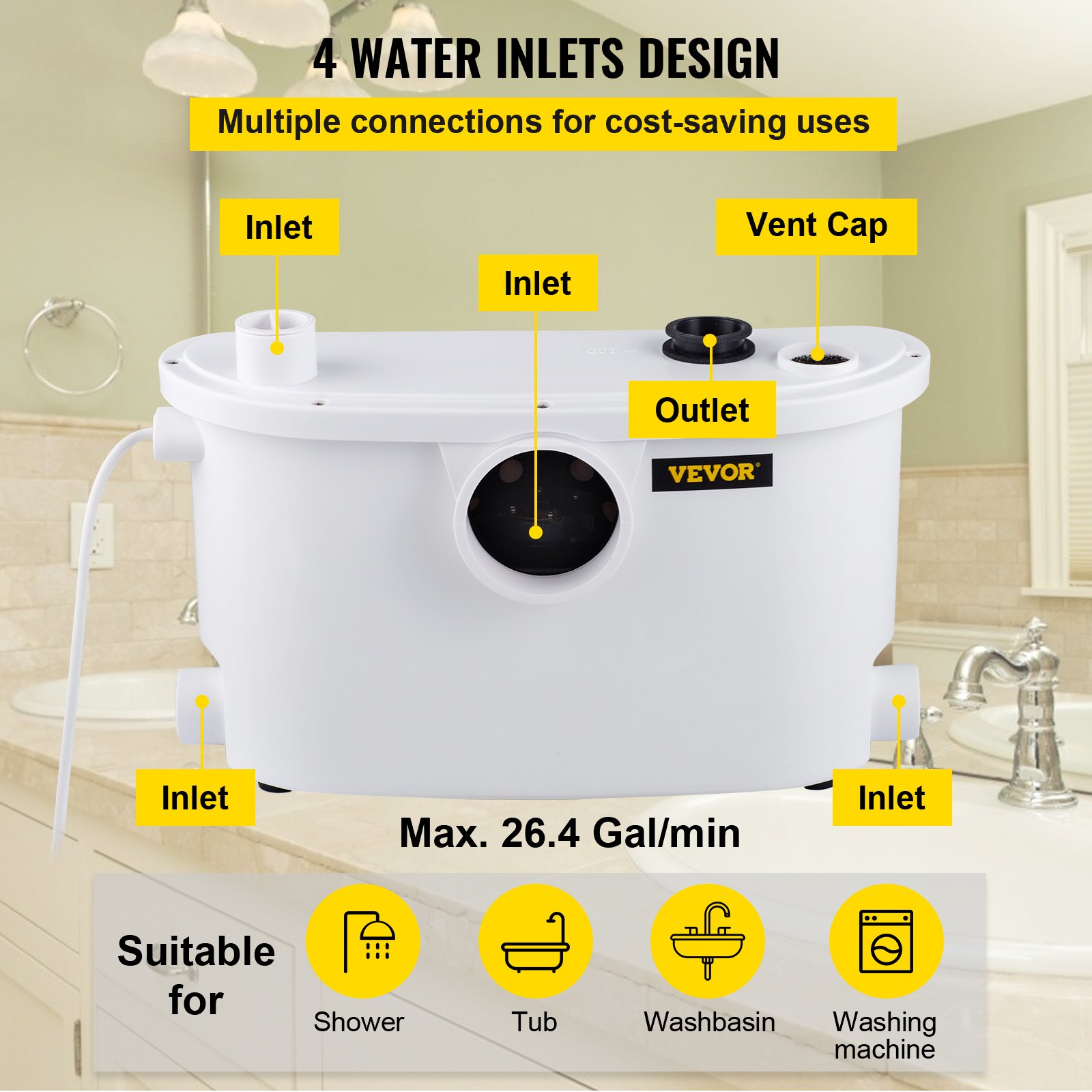 VEVOR Macerator Disposal Pump Basement Macerator Pump 400W w/ 4 Water