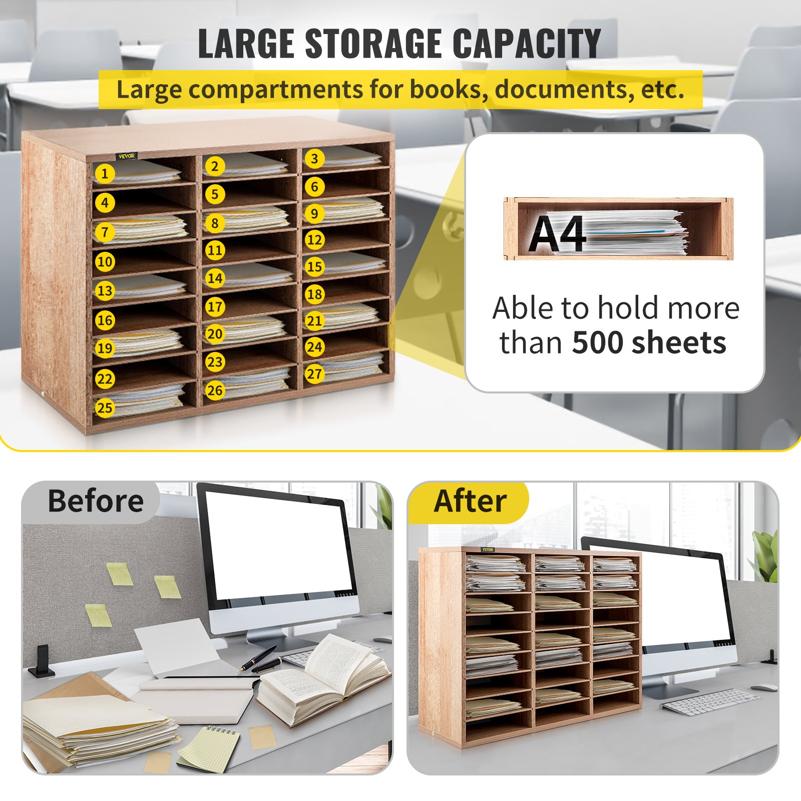 VEVOR Wood Literature Organizer File Sorter Paper Storage Holder 27