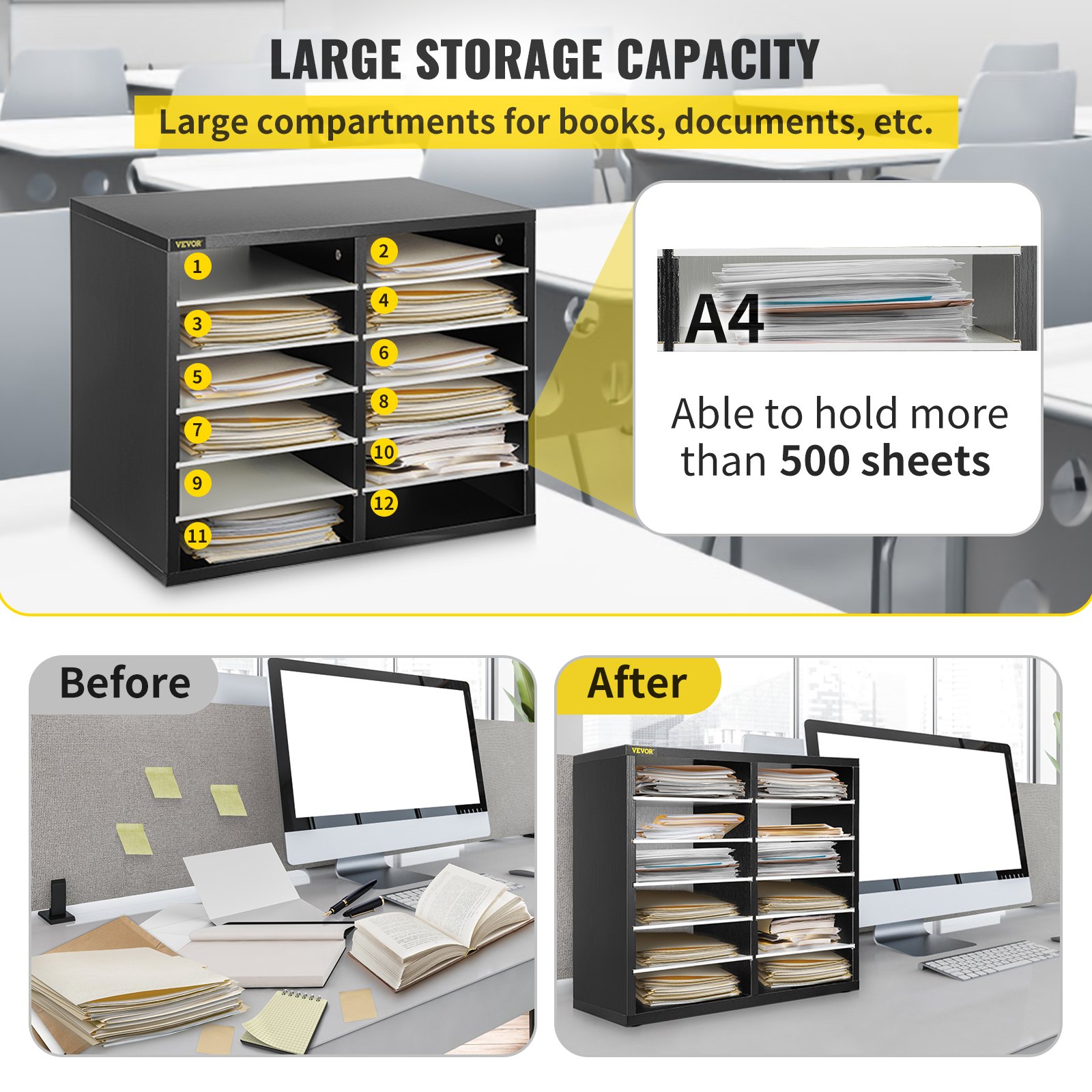 VEVOR 12 Compartments Wood Literature Organizer, Adjustable Shelves