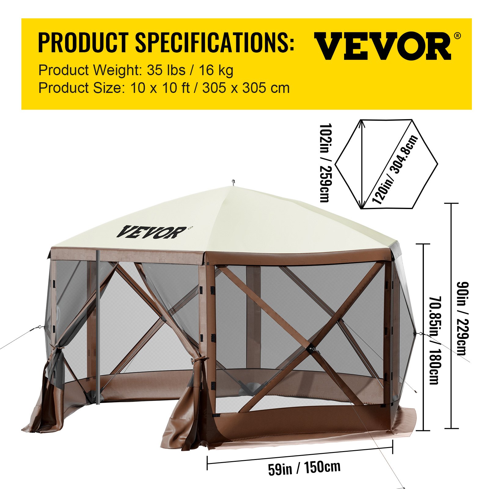 VEVOR Popup Camping Gazebo Camping Canopy Shelter 6 Sided 10' x 10