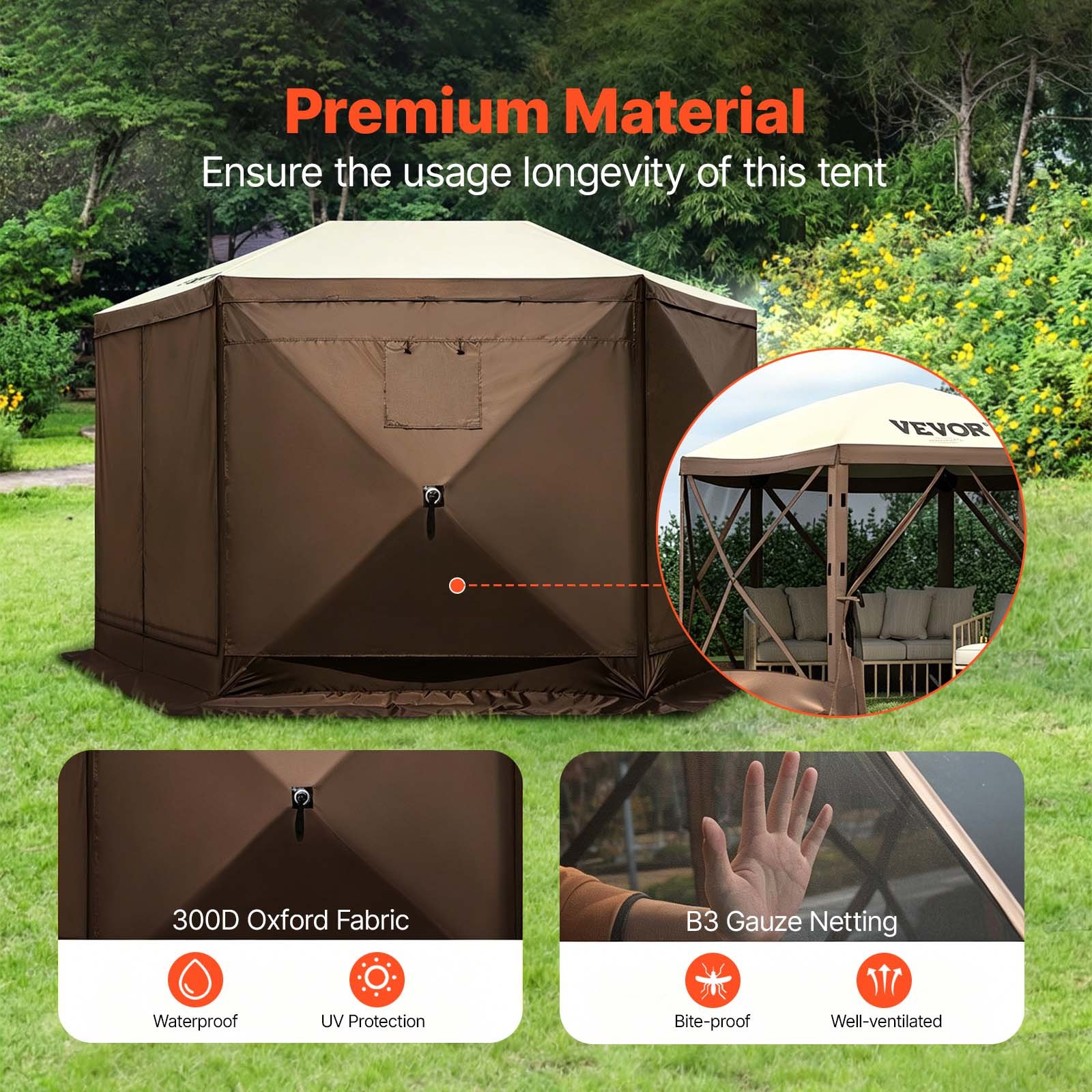VEVOR Popup Camping Gazebo Camping Canopy Shelter 6 Sided 12' x 12