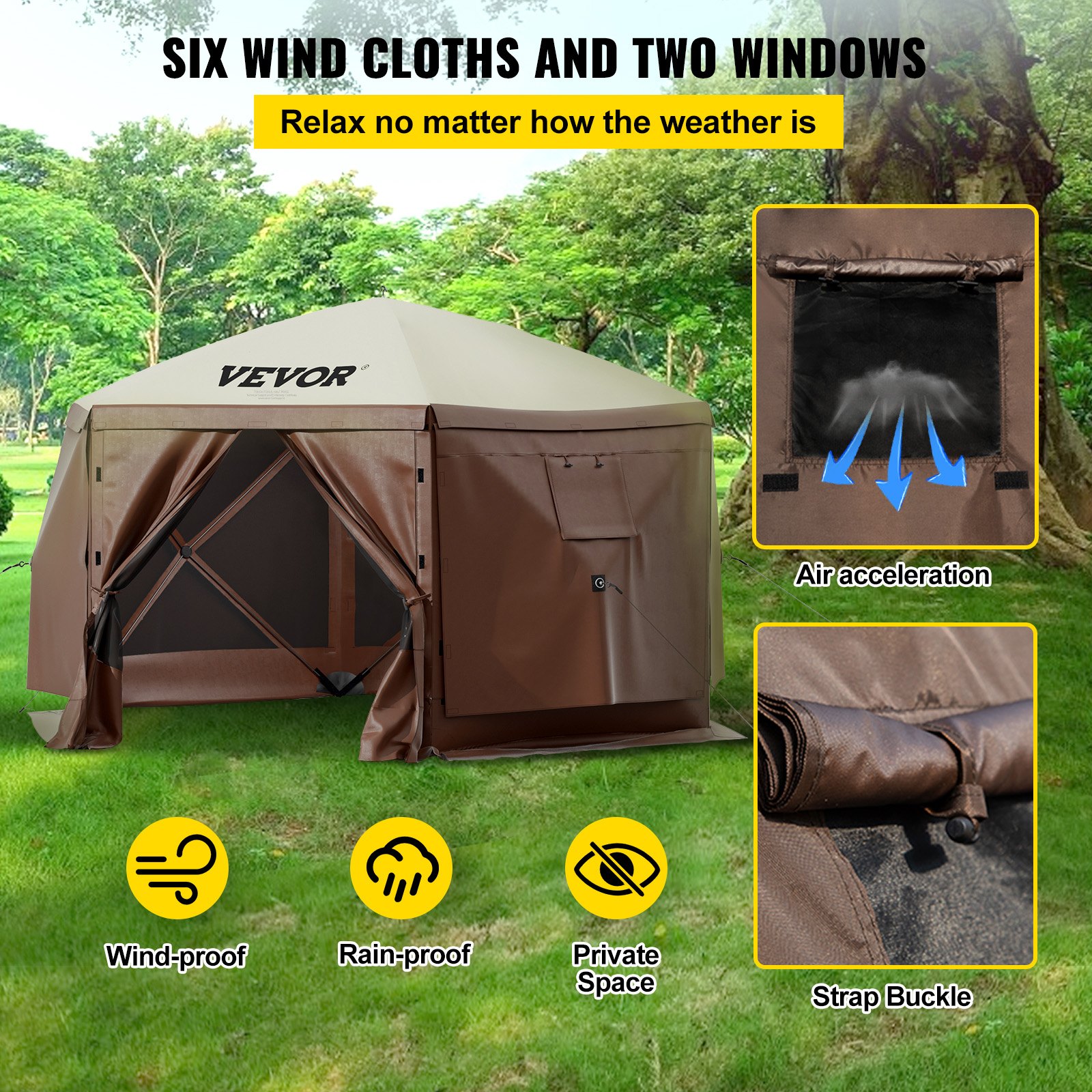 VEVOR Camping Gazebo Screen Tent, 12*12ft, 6 Sided Popup Canopy