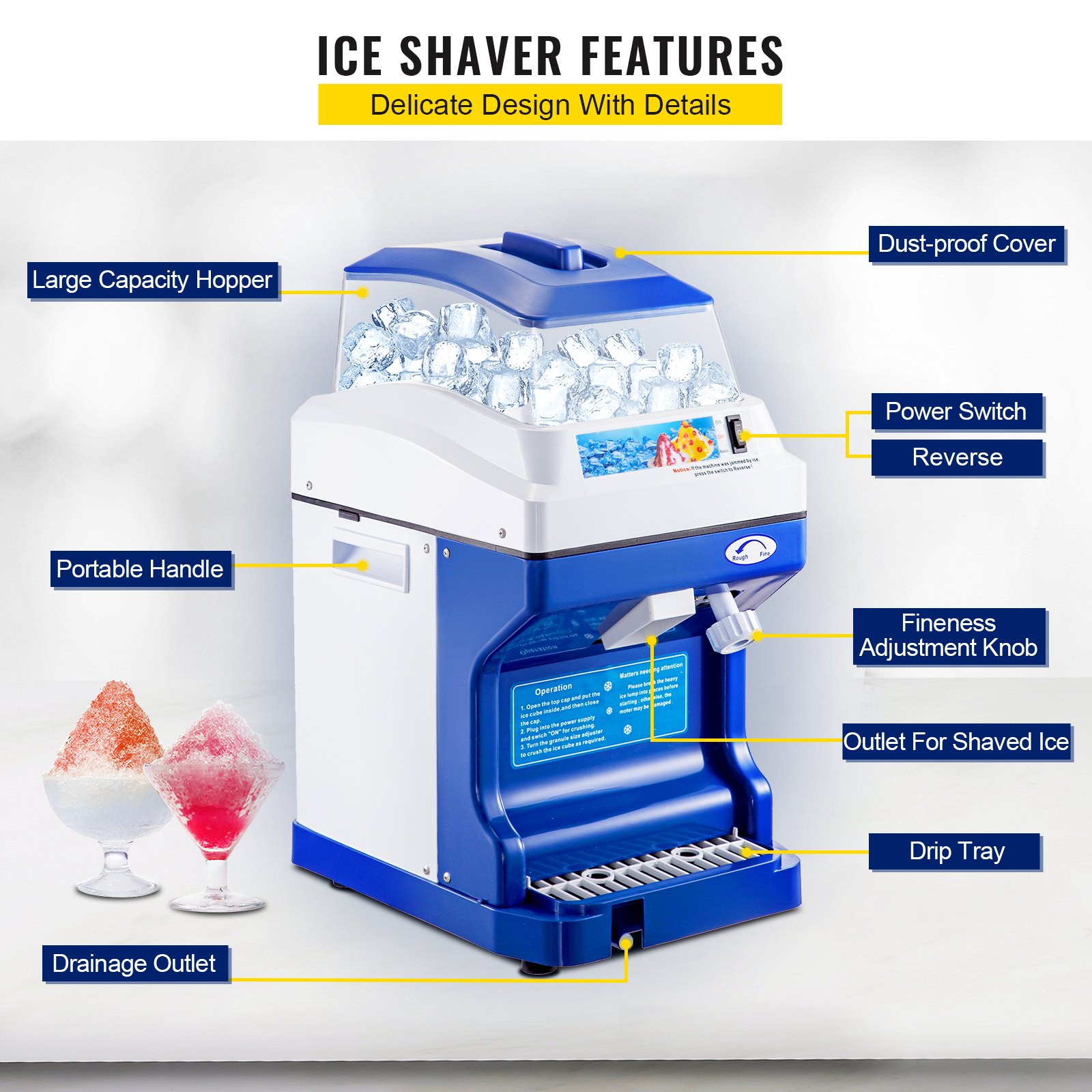 Vevor 110v Commercial Ice Shaver Crusher 441lbs H With 11lbs Hopper 300w Tabletop Electric Snow