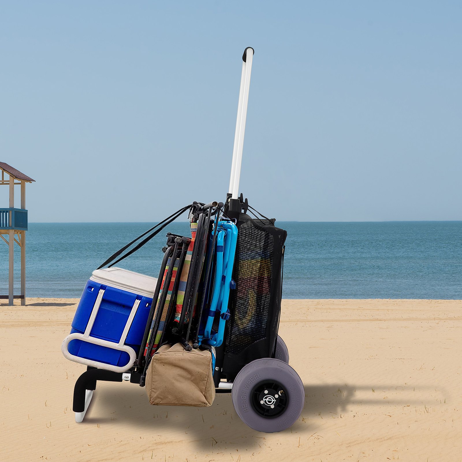 VEVOR Beach Carts for Sand, w/ 10" PVC Balloon Wheels, 15" x 15" Cargo Deck, 165LBS Loading