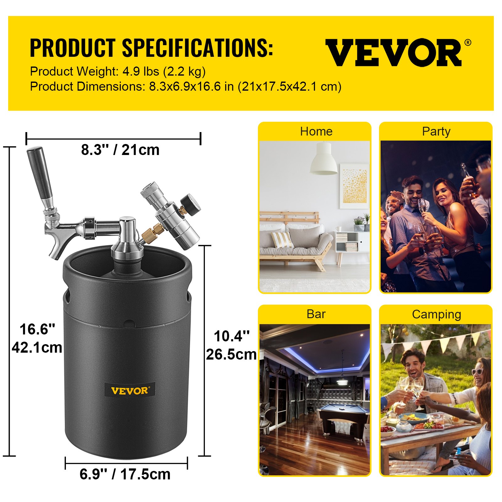 VEVOR Beer Growler Tap System, 170Oz Mini Keg, 5L Pressurized Beer