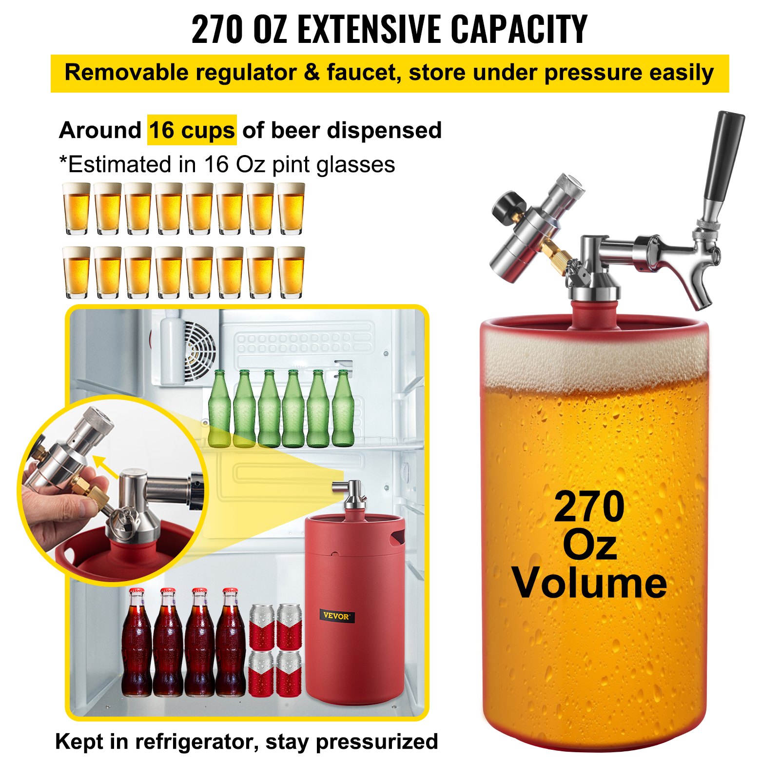 VEVOR Beer Growler Tap System, 270 Oz Mini Keg, 8L Pressurized Beer Growler, 304 Stainless Steel