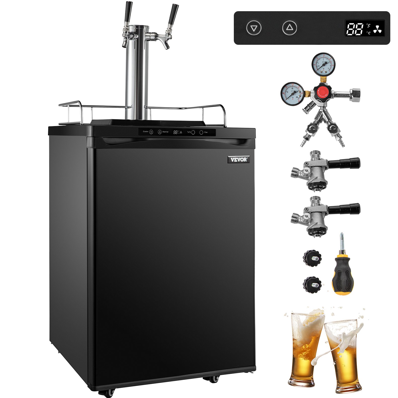 VEVOR Black Kegerators Beer Dispenser, Full Size Beer Kegerator Refrigerator, Double Taps Direct