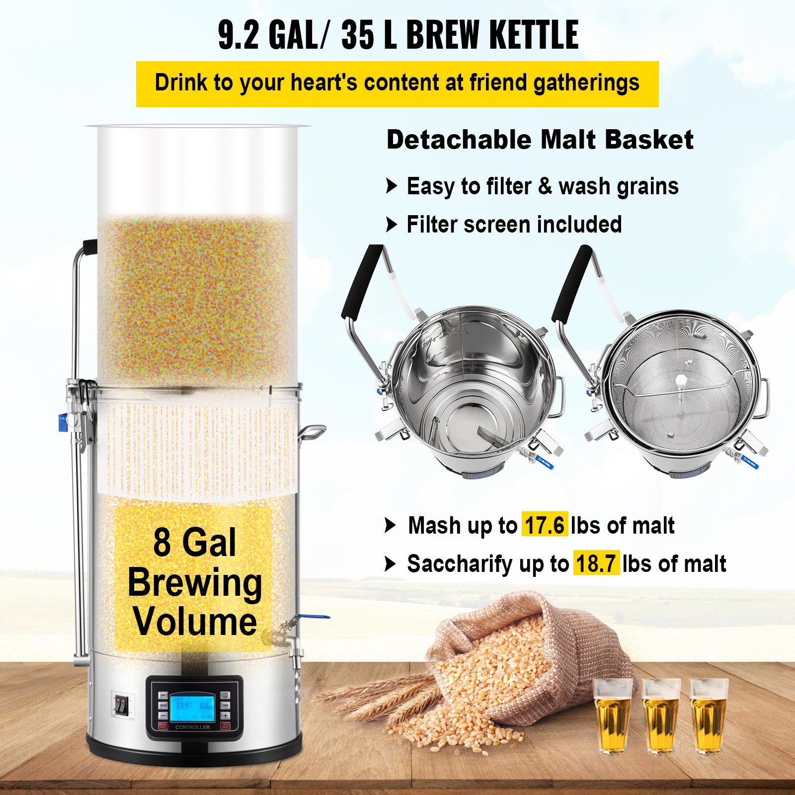 VEVOR Home Beer Brewing Machine Grain Brewing System w/ Circulating Pump 8 Gal VEVOR US