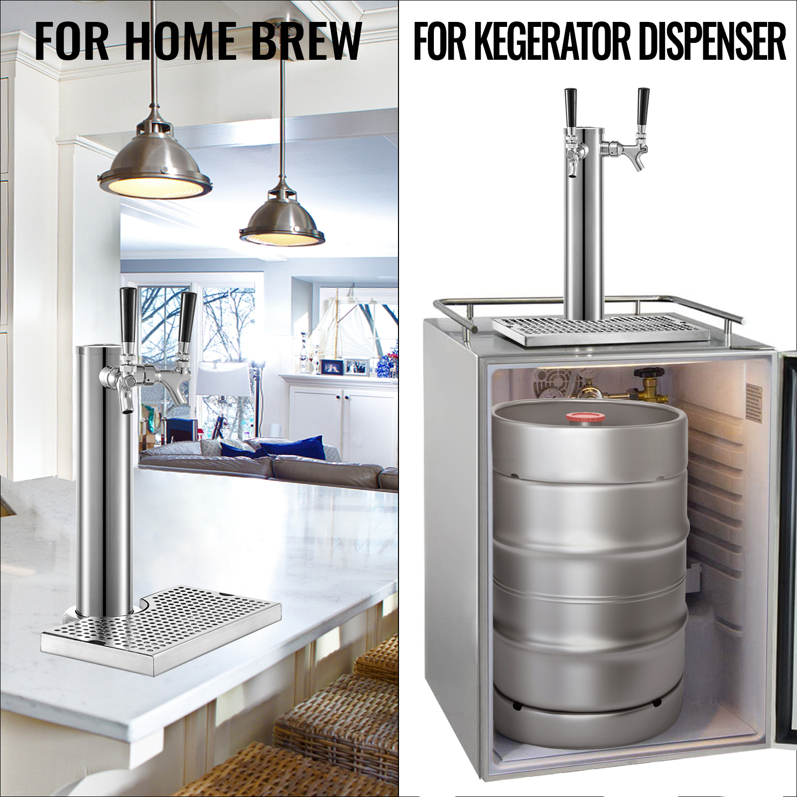 VEVOR Beer Tower, Dual Faucet Tap Kegerator Tower, Stainless Steel